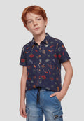 Camisa Niño Manga Corta Estampada Palmeras – Koroshi Navy