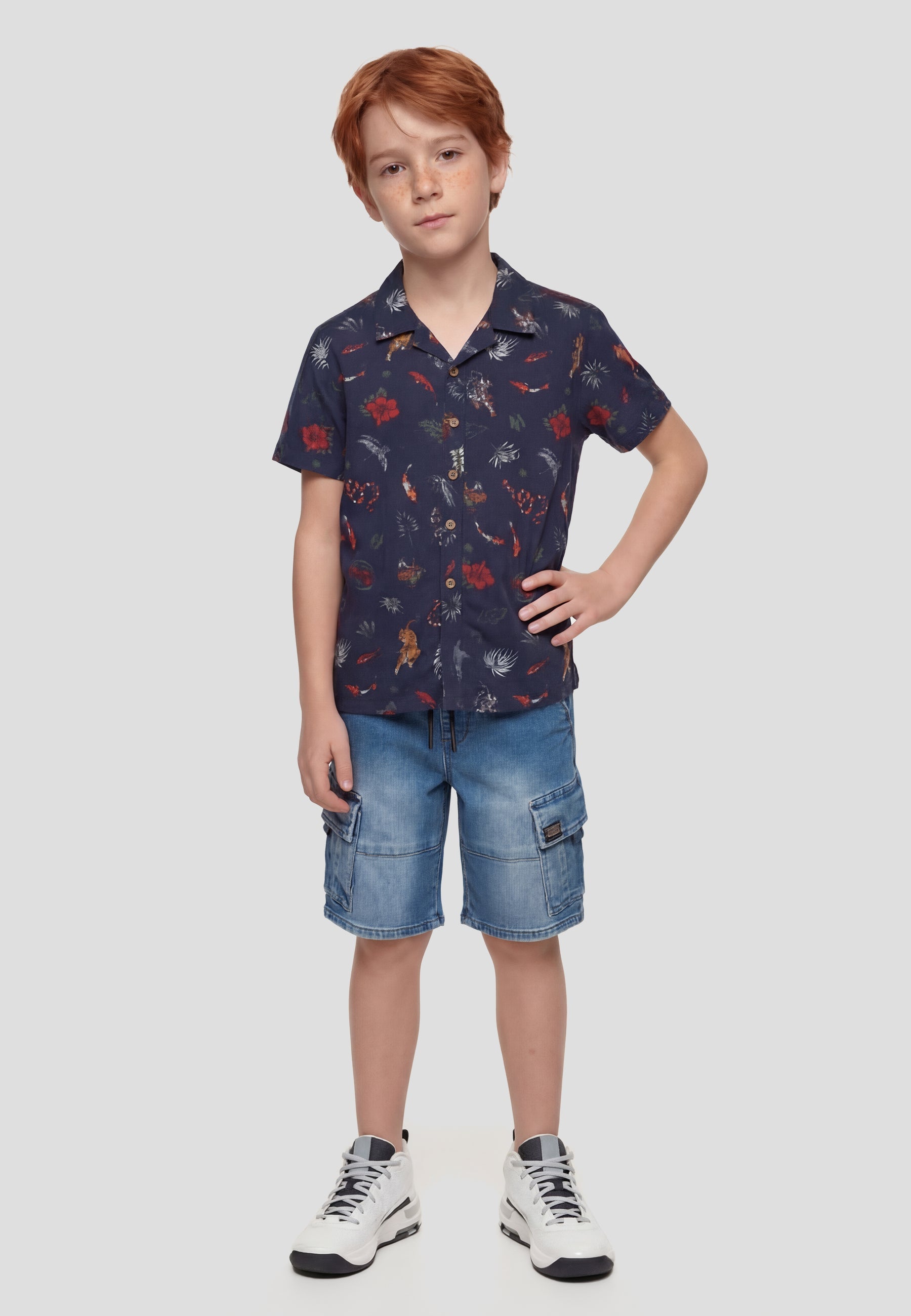 Camisa Niño Manga Corta Estampada Palmeras – Koroshi Navy