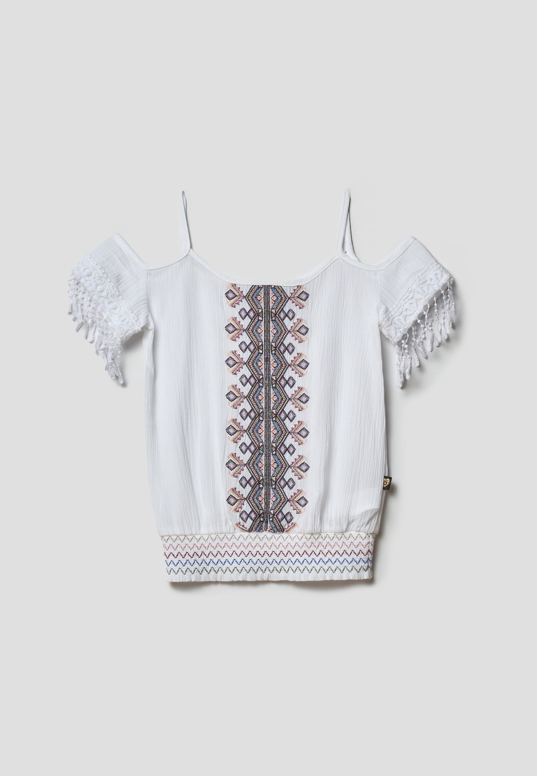 Blusa Niña Hombros Descubiertos Bordado Étnico – Koroshi Blanco