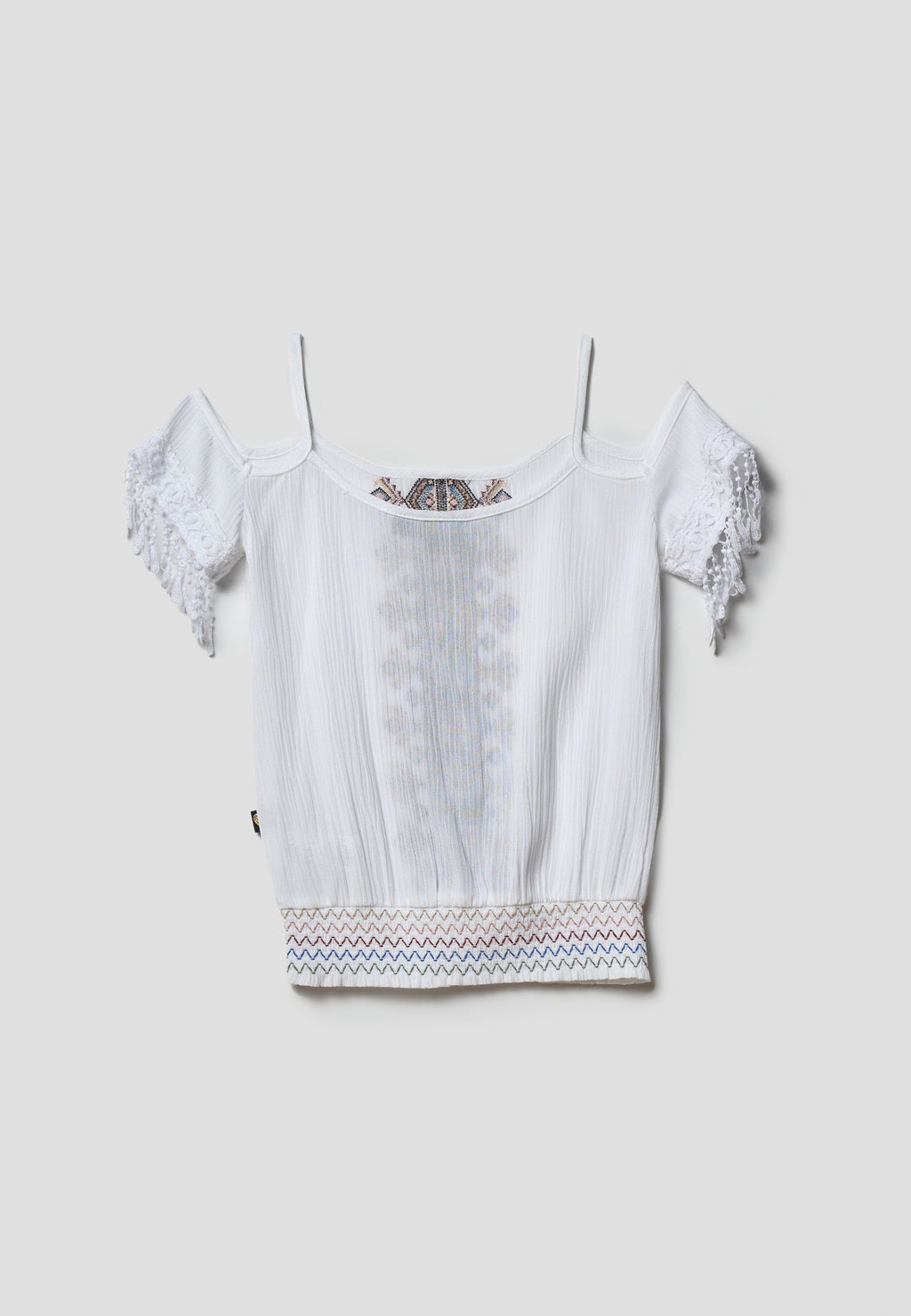 Blusa Niña Hombros Descubiertos Bordado Étnico – Koroshi Blanco