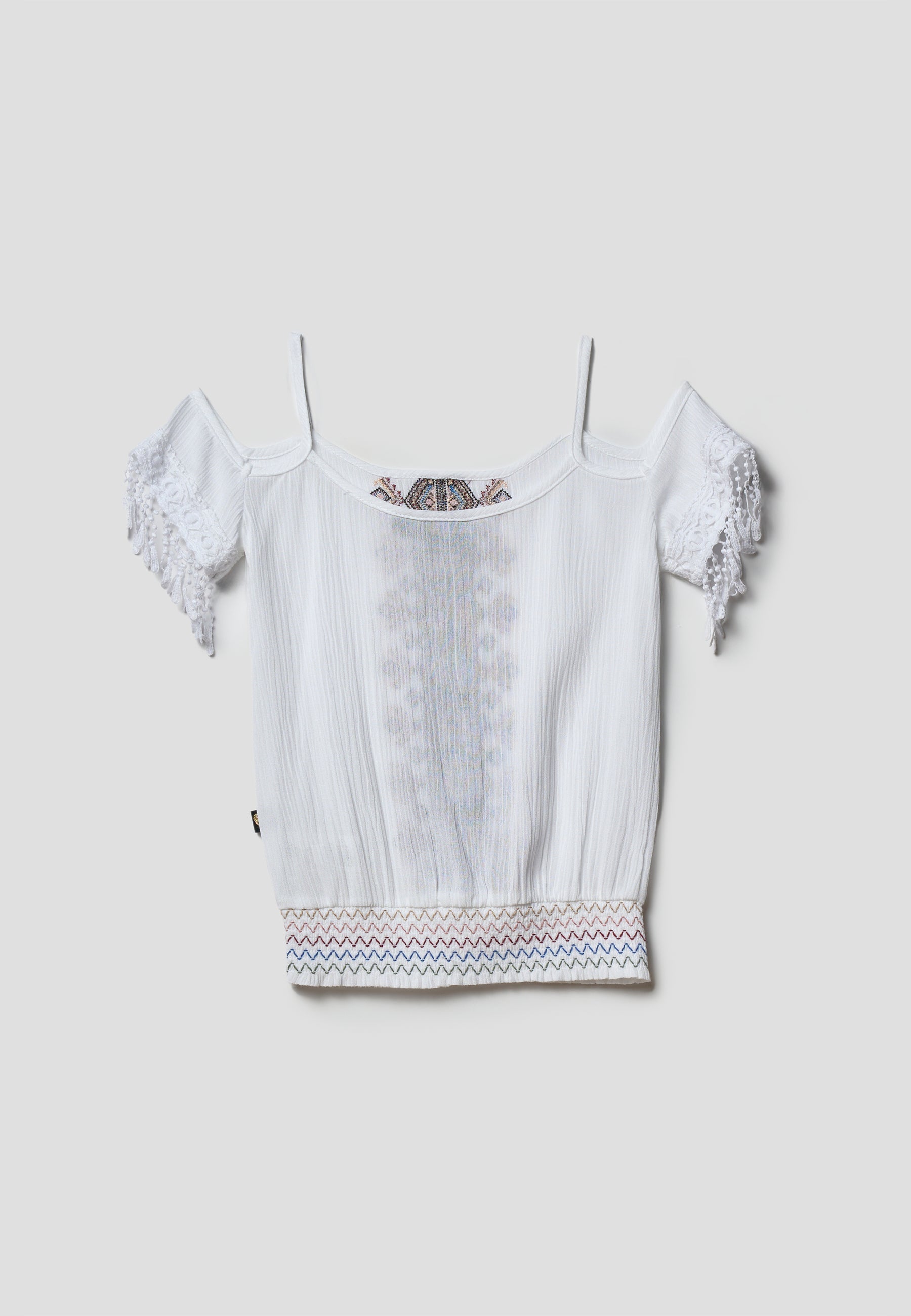 Blusa Niña Hombros Descubiertos Bordado Étnico – Koroshi Blanco