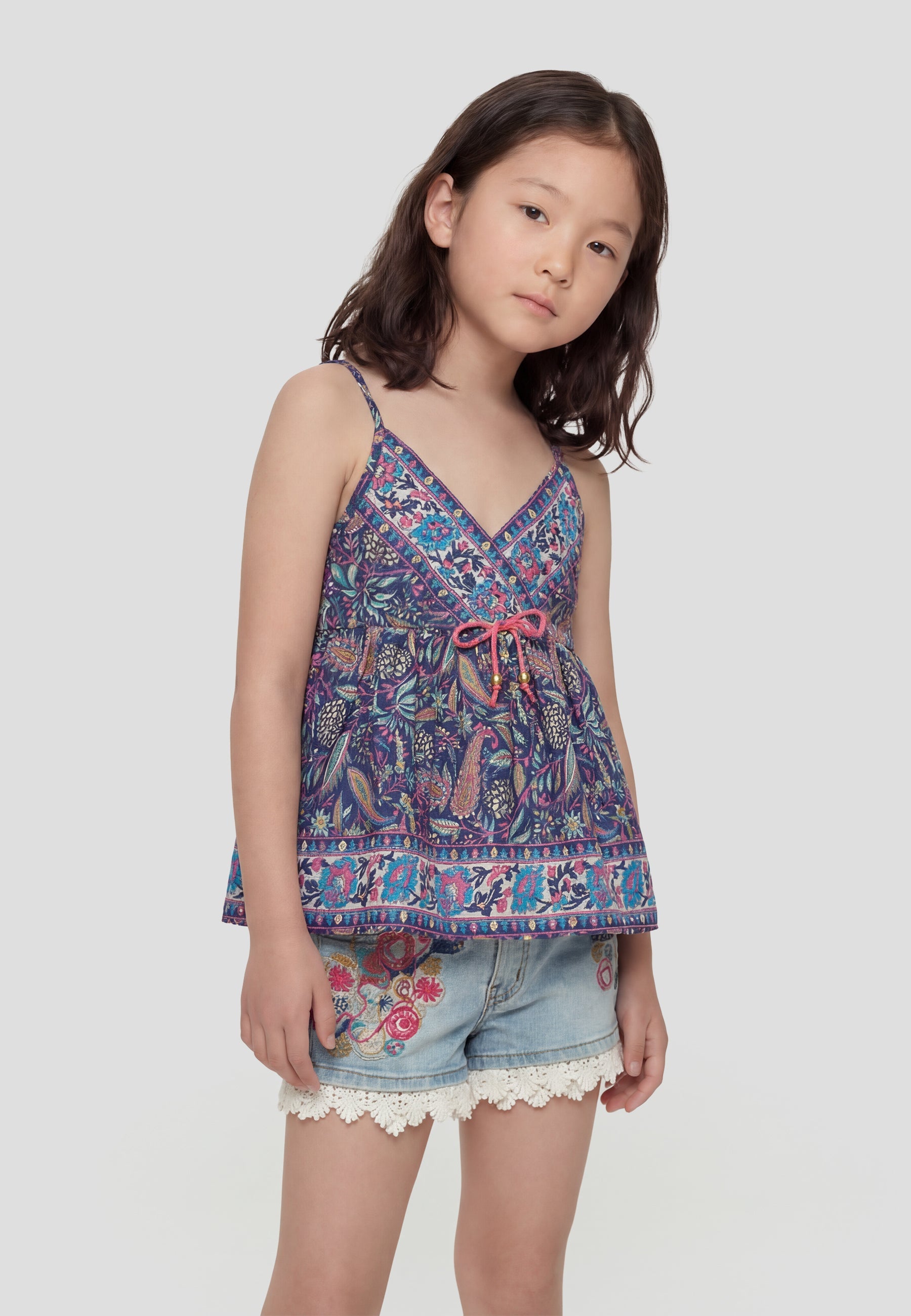 Blusa Niña Tirantes con Lazo Estampada Viscosa Azul Marino | Koroshi