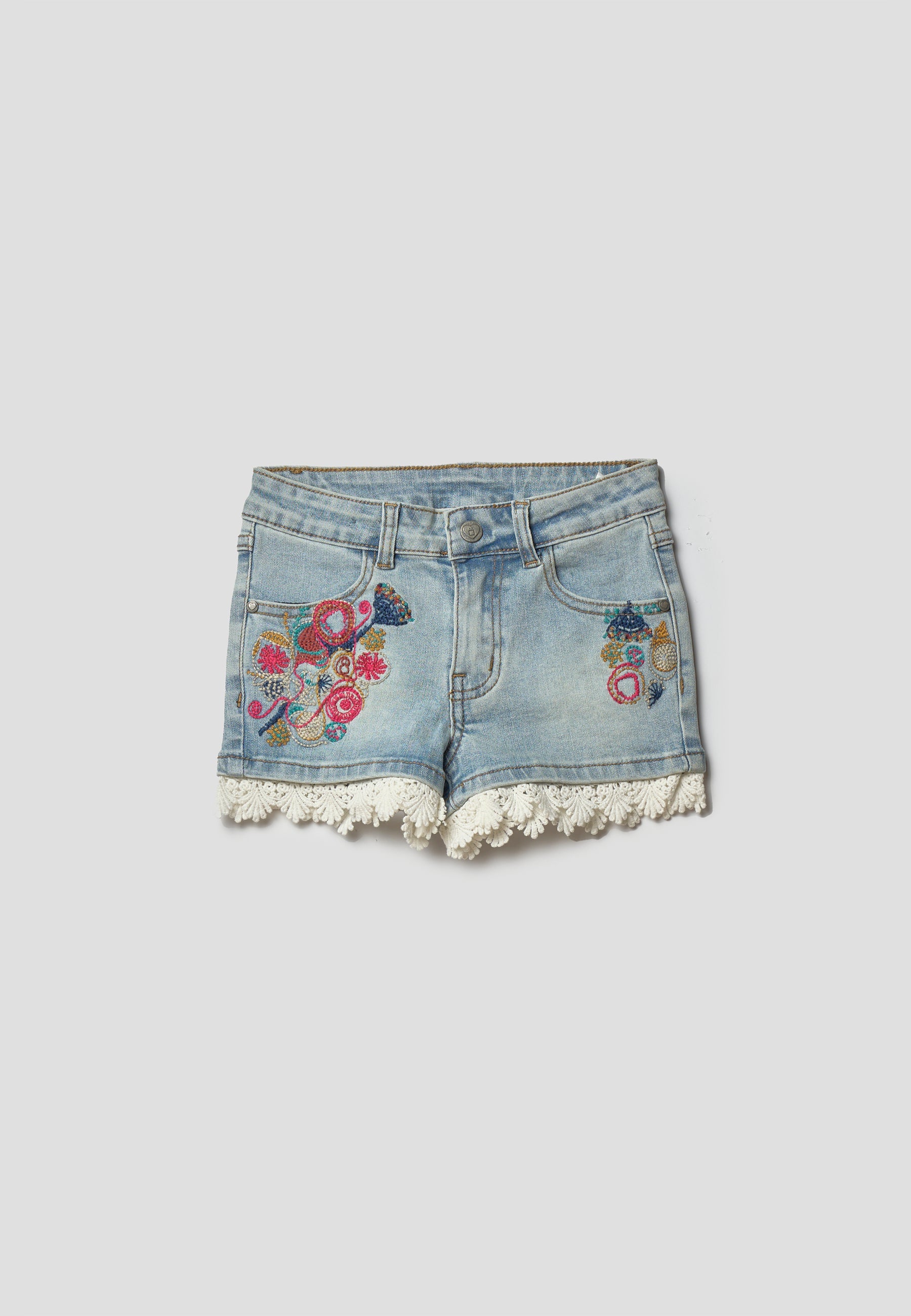Pantalón Corto Niña Denim Elástico Bordado Floral Azul Claro | Koroshi
