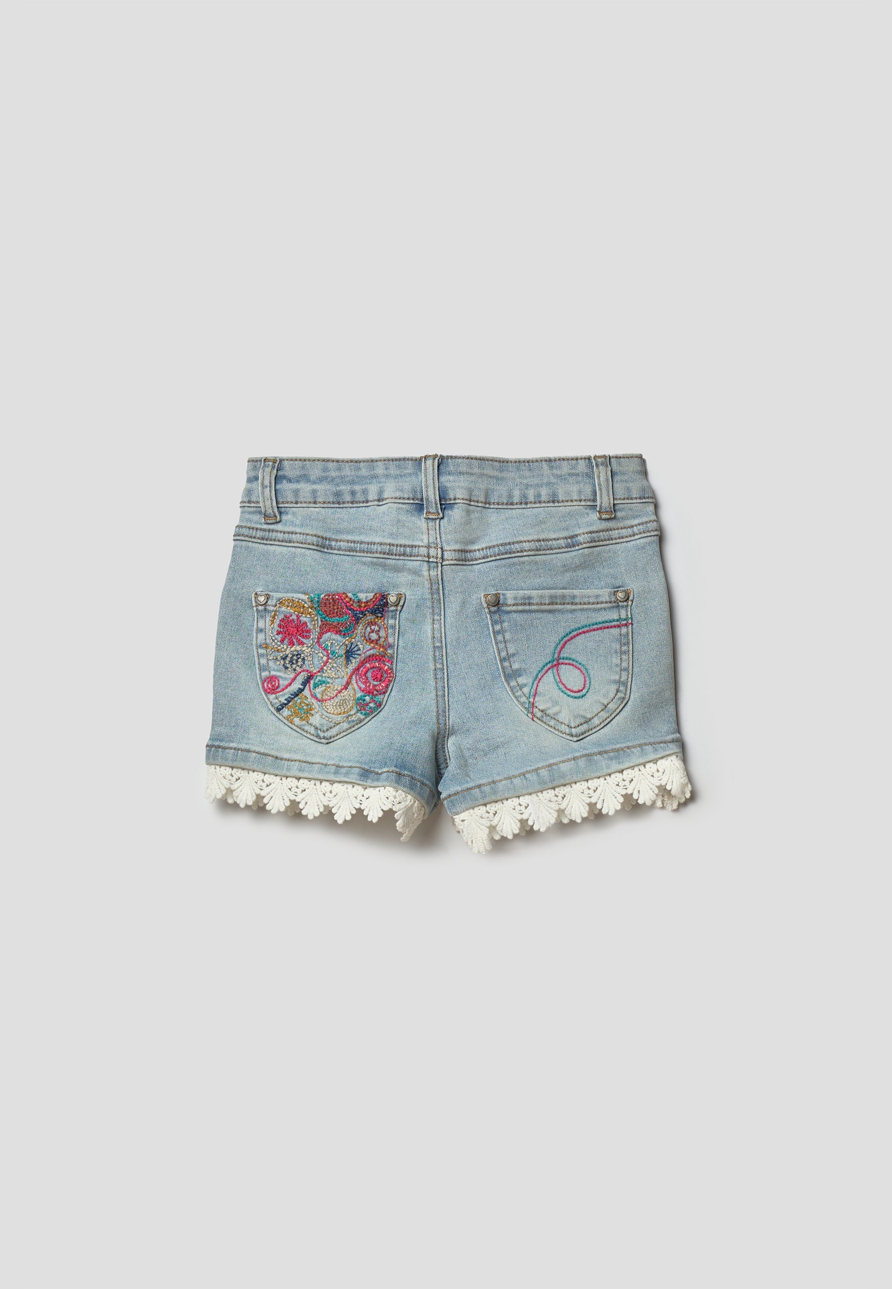 Pantalón Corto Niña Denim Elástico Bordado Floral Azul Claro | Koroshi