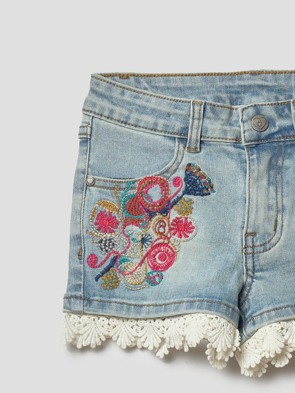 Pantalón Corto Niña Denim Elástico Bordado Floral Azul Claro | Koroshi