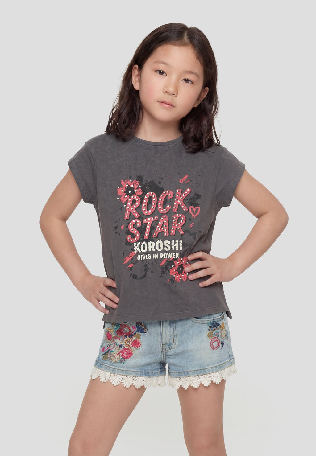Camiseta manga corta estampado gris niña | Koroshi