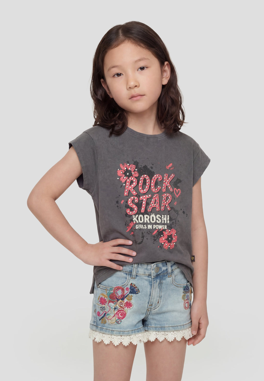 Camiseta manga corta estampado gris niña | Koroshi