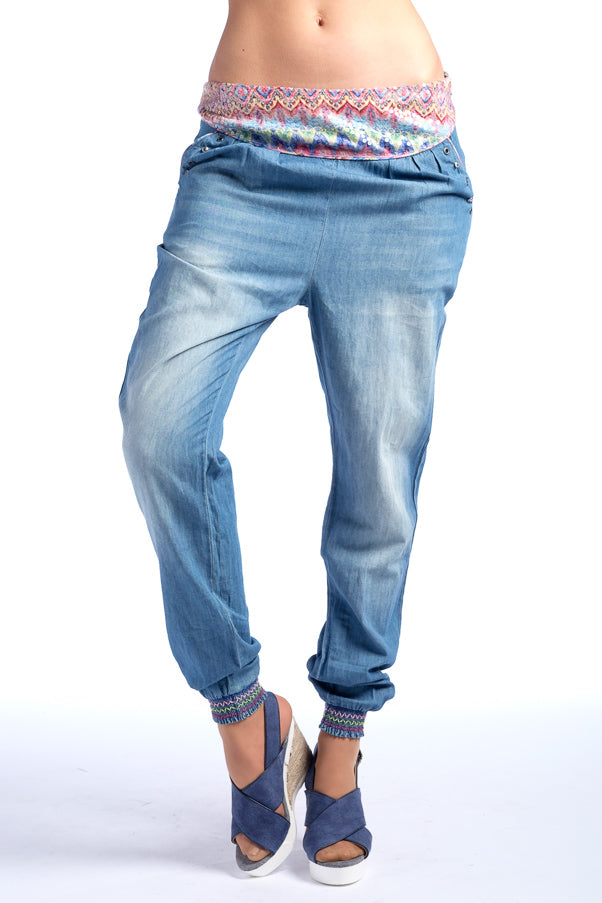 Pantalón Ancho Denim Mujer Bordado Étnico – Koroshi Denim