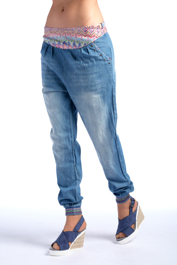 Pantalón Ancho Denim Mujer Bordado Étnico – Koroshi Denim
