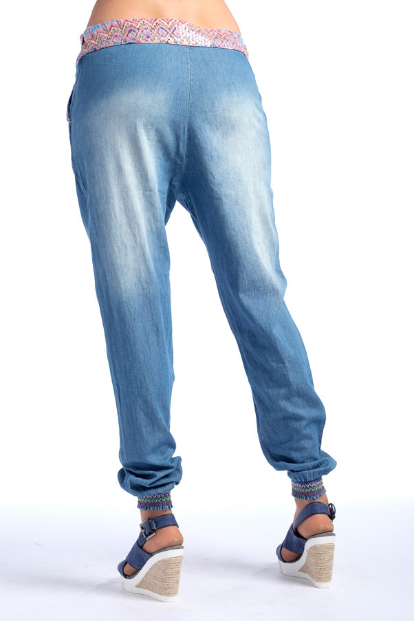 Pantalón Ancho Denim Mujer Bordado Étnico – Koroshi Denim