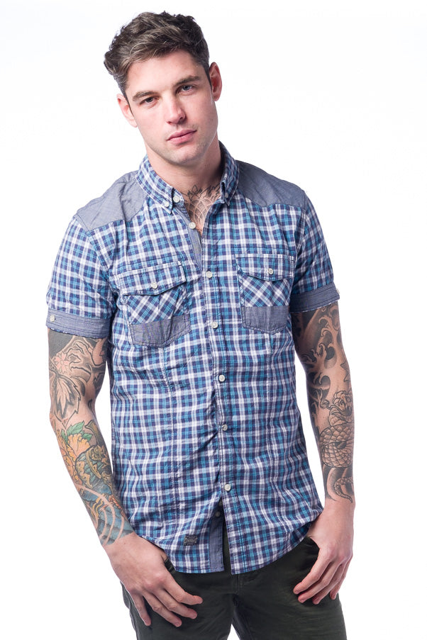 Camisa Hombre Manga Corta Cuadros Algodón Bolsillos – Koroshi 28210