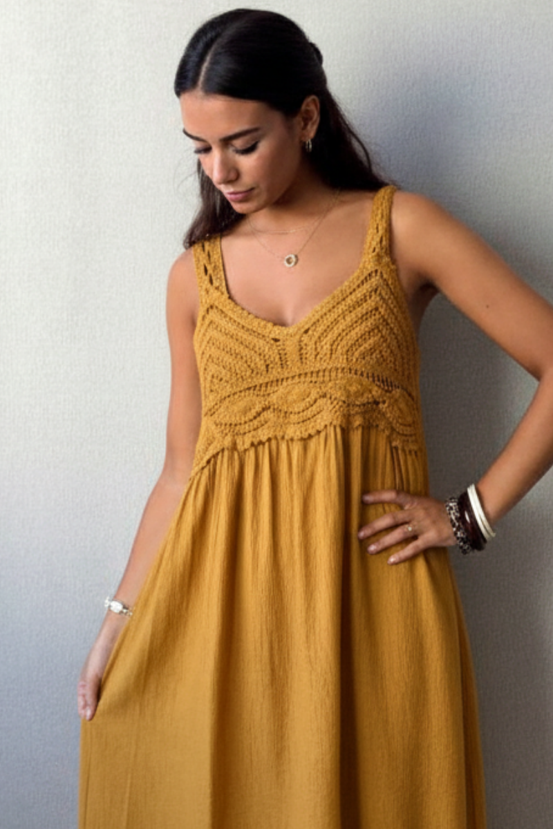Vestido crochet mostaza