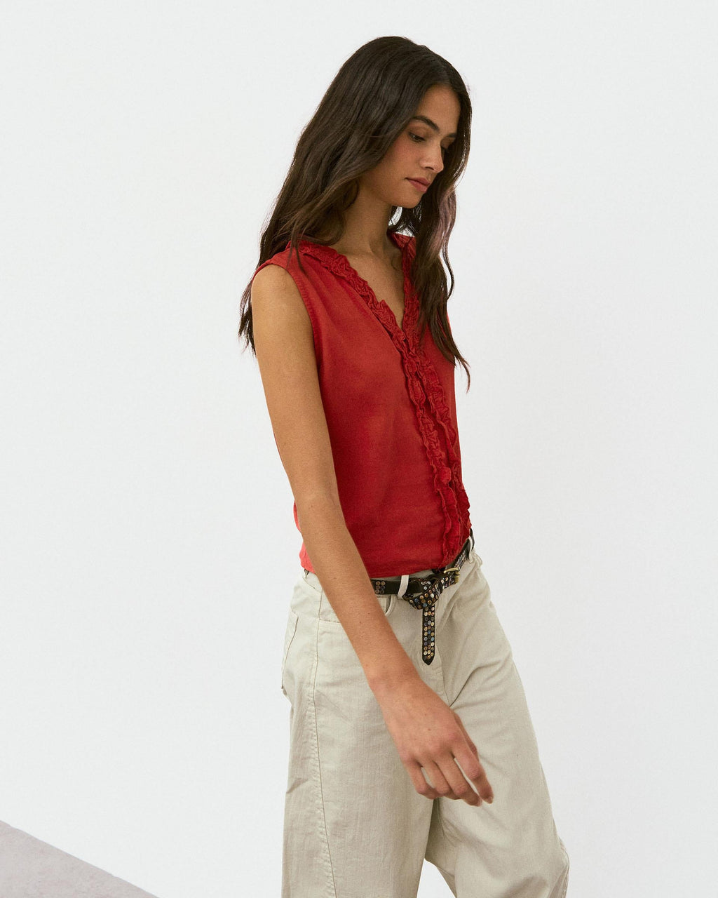 Top Escote Pico Volantes Con Lino Rojo