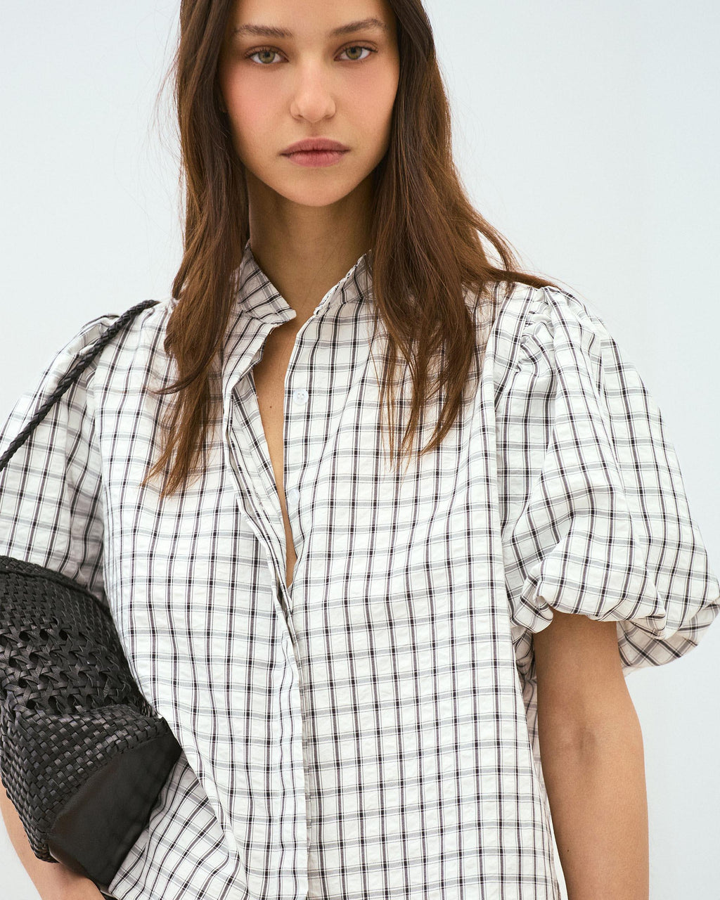 Blusa Manga Abullonada Cuadros Blanca