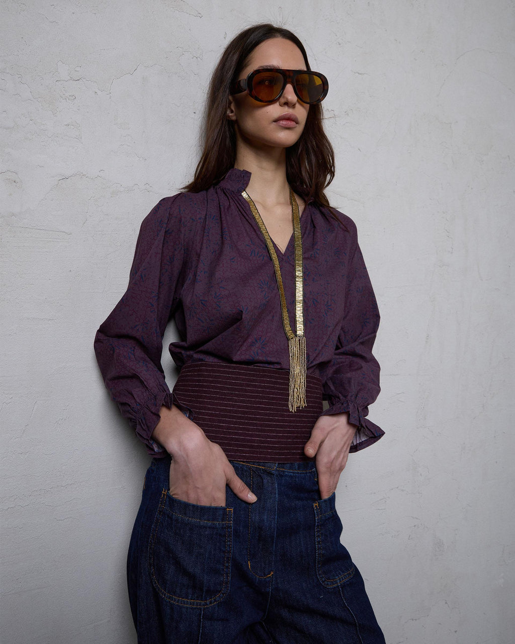Blusa Escote Pico Estampada Morado