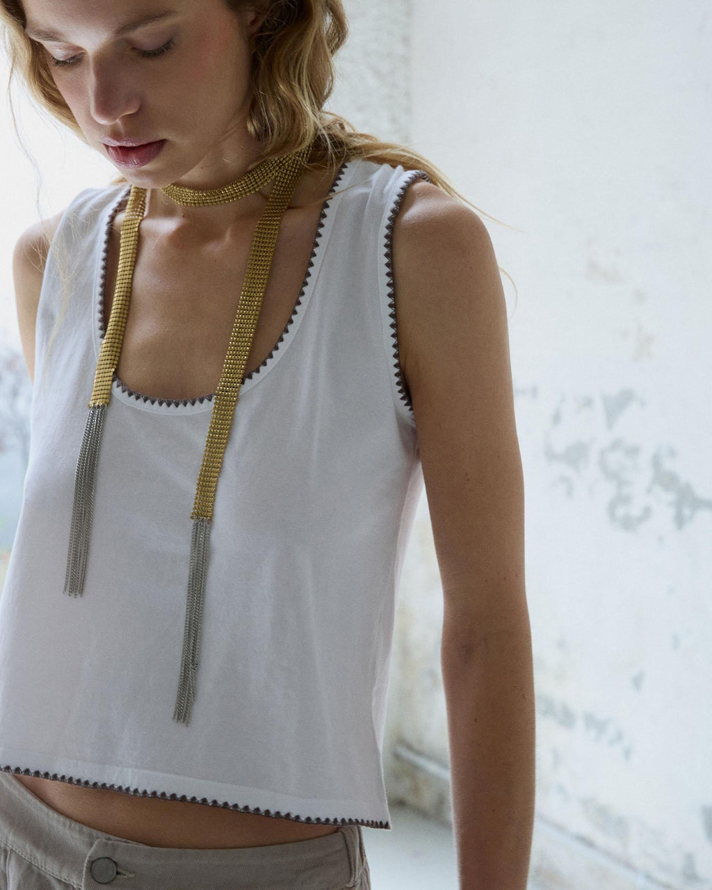 Camiseta Tirantes Pespuntes Blanco