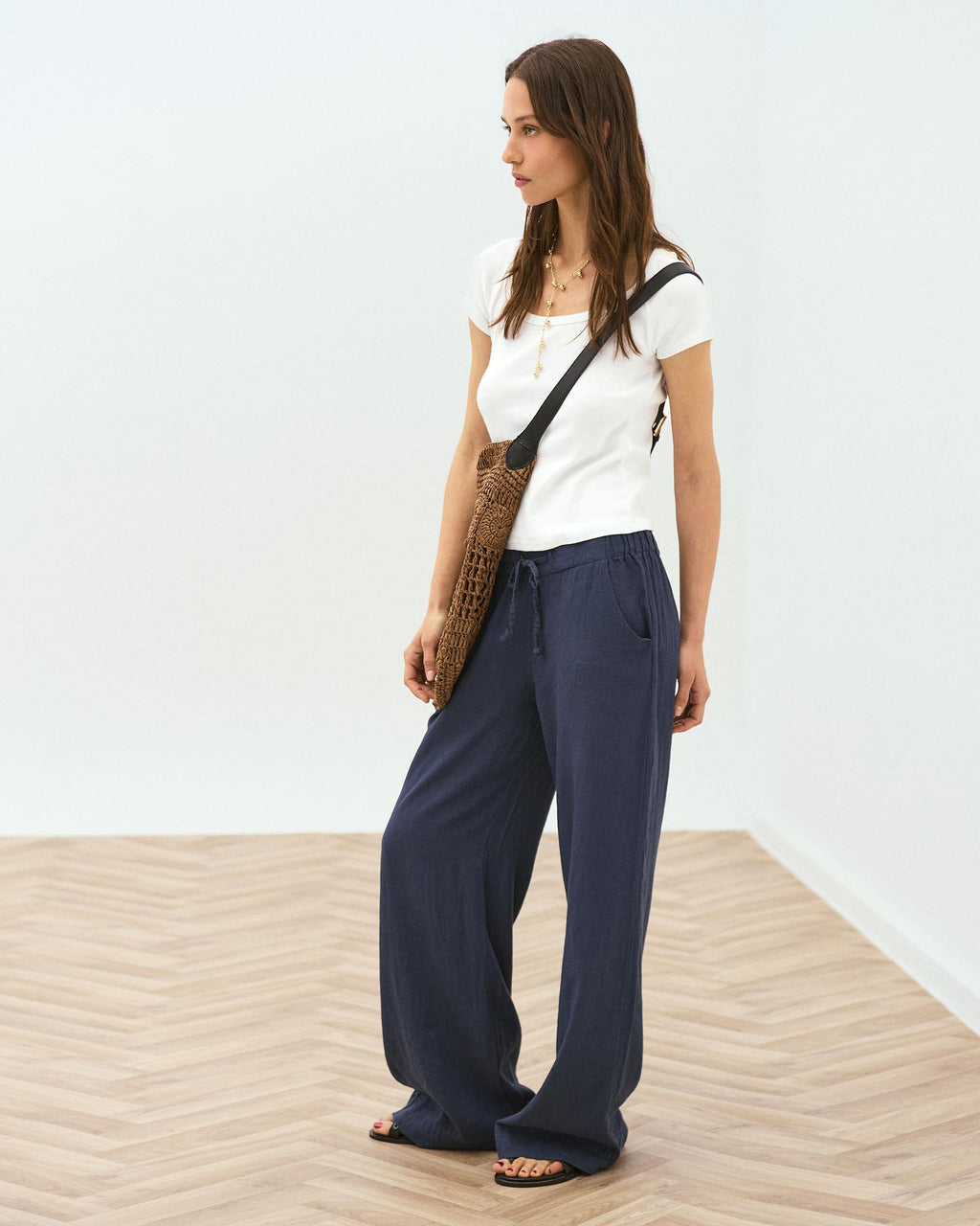 Pantalón Fluido Cordon Con Lino Azul Marino