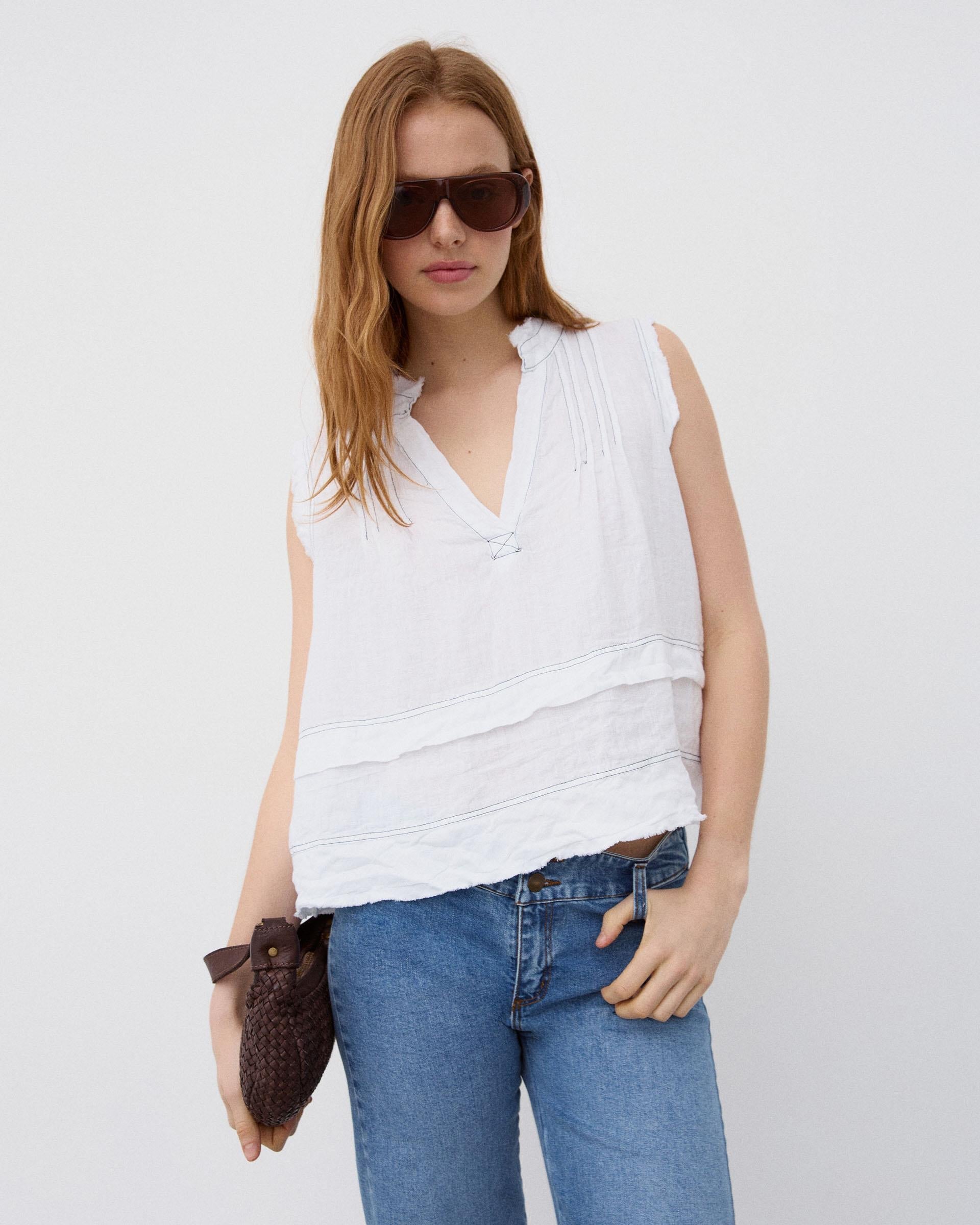 Blusa Lino Costuras Contraste Blanca