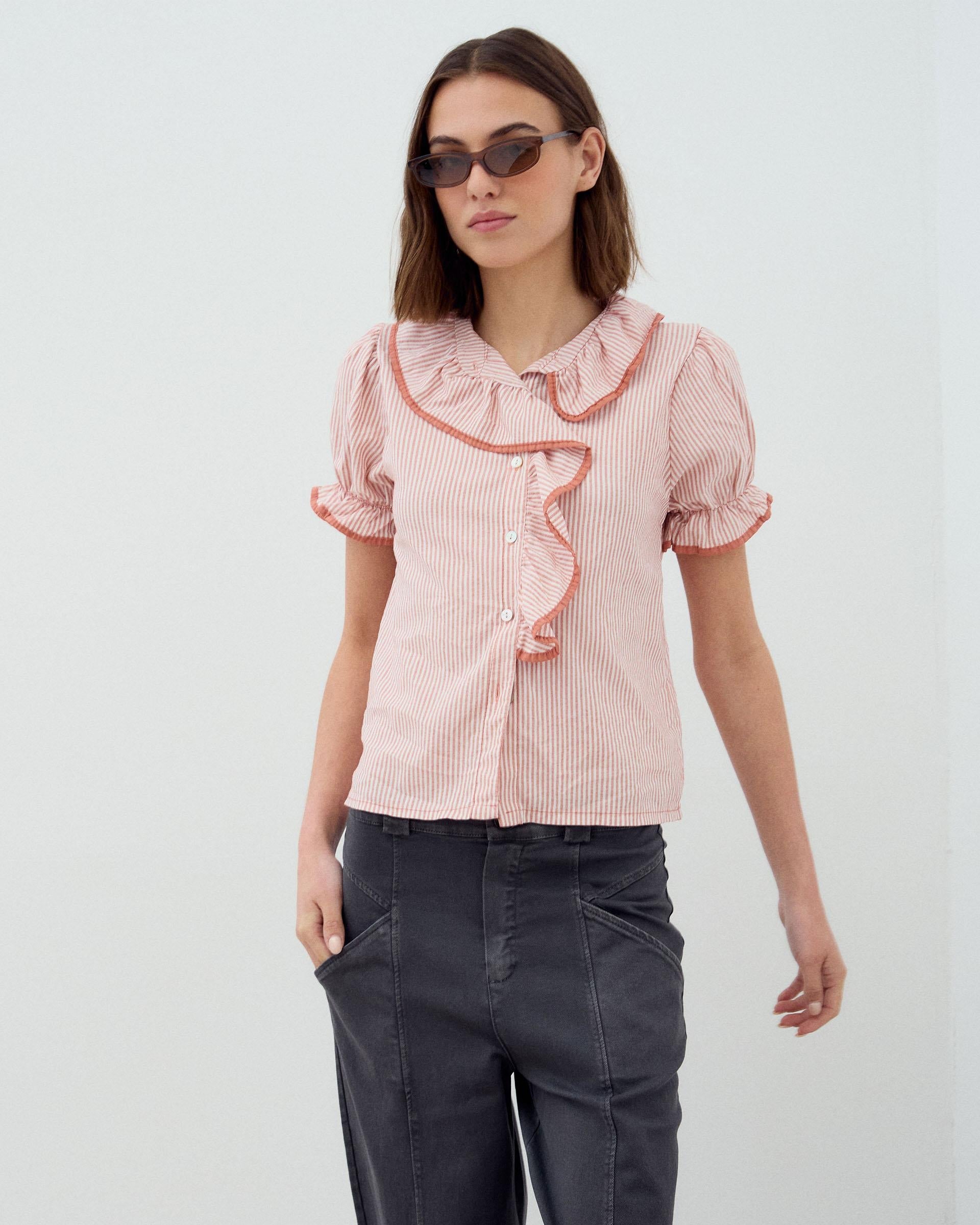 Camisa Volante Lateral Ribete Naranja
