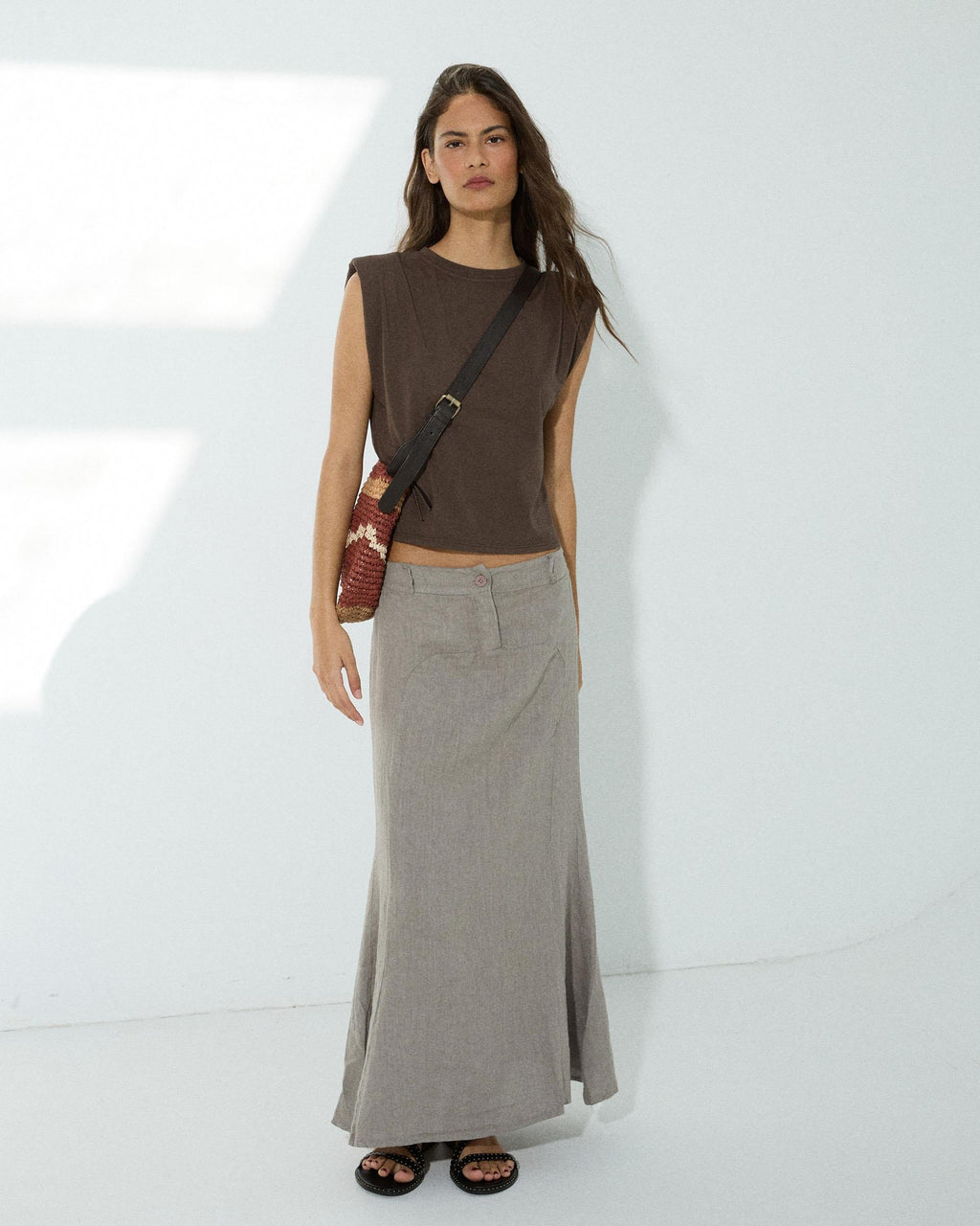 Falda Larga Lino Costura Taupe