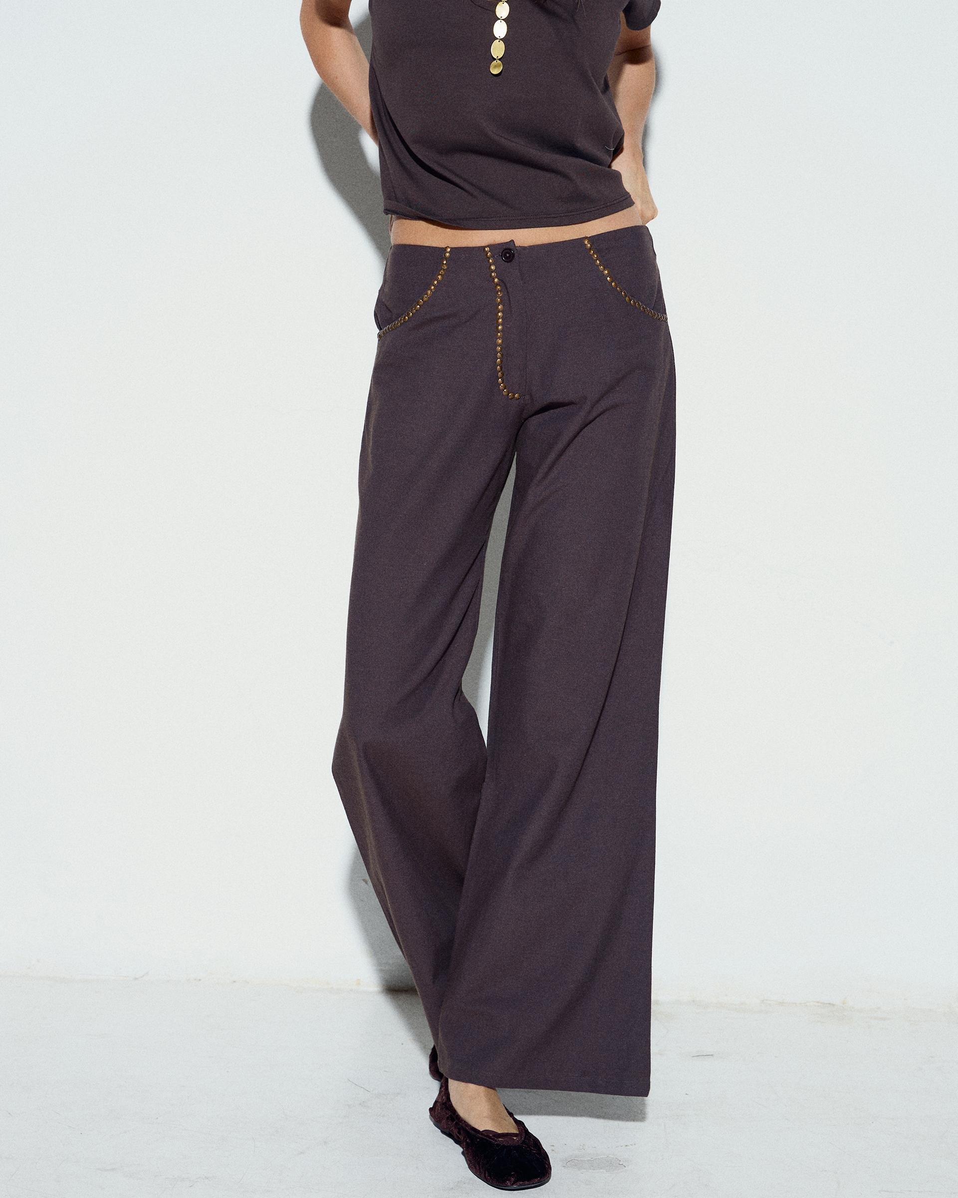Pantalón Fluido Tachuelas Marrón