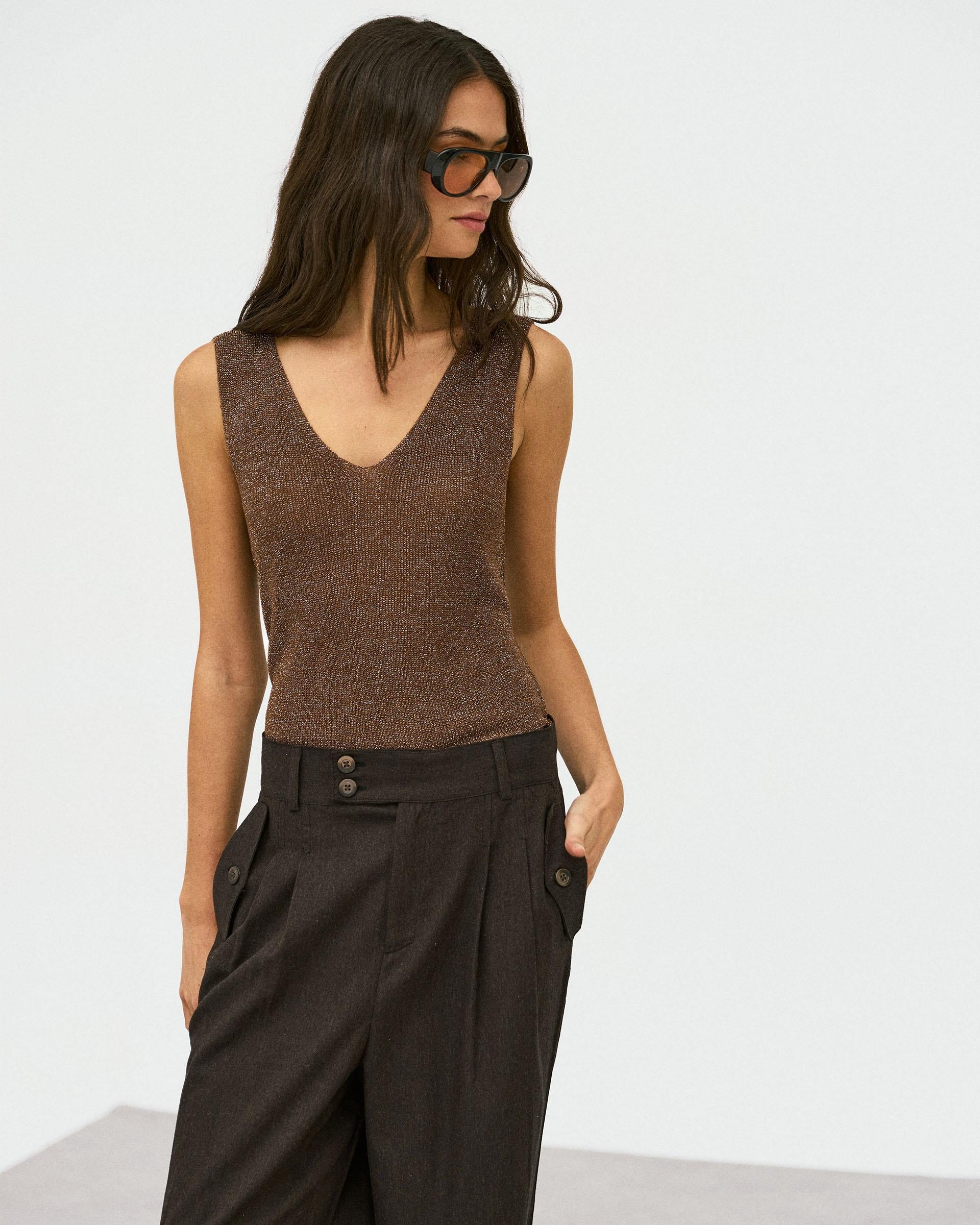 Top Tirantes Lurex Marrón