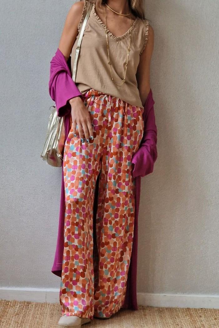Pantalón tipo raso estampado amebas coral