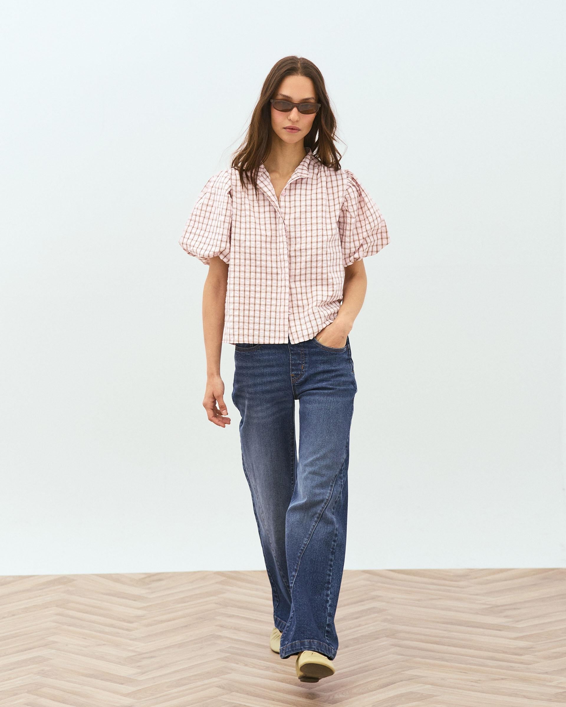 Blusa Manga Abullonada Cuadros Rosa