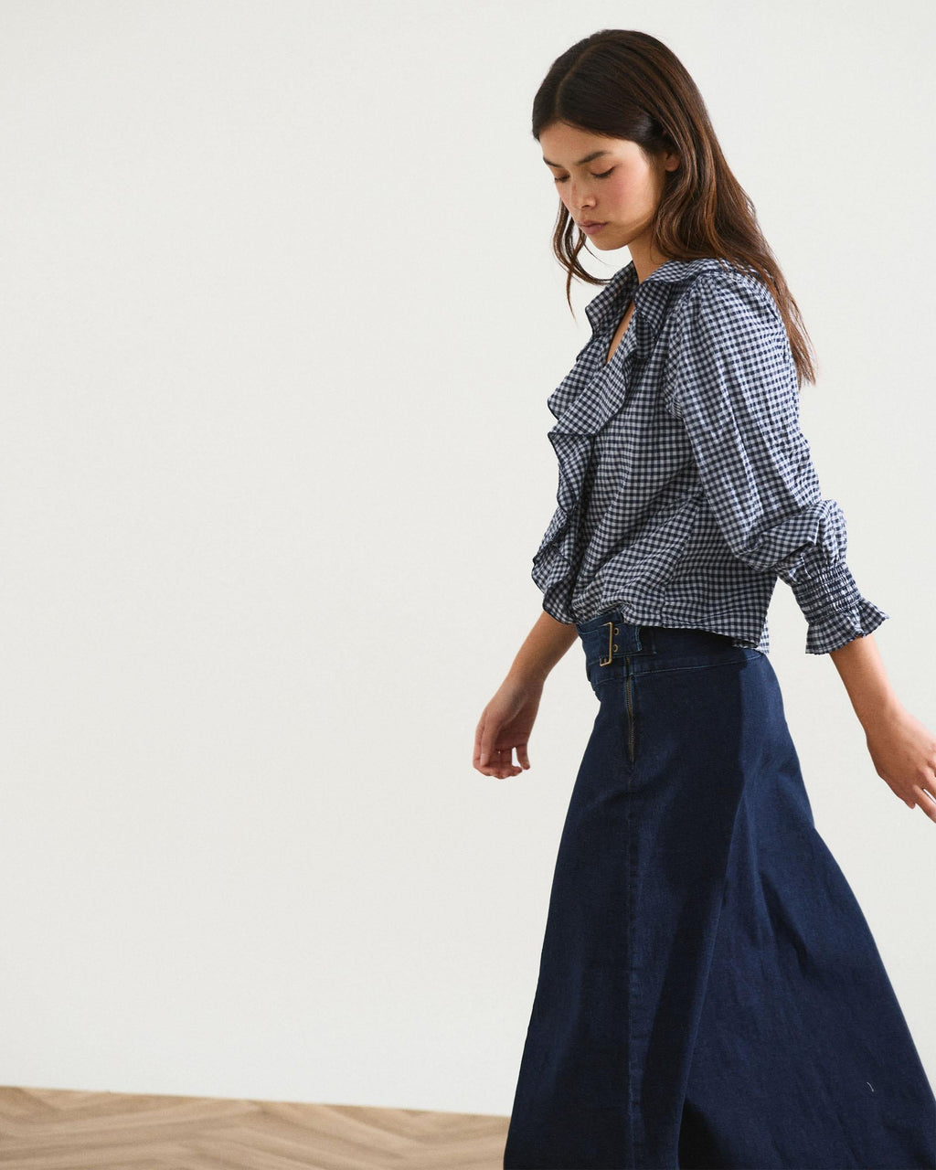Blusa Volantes Delanteros Vichy Azul Oscuro