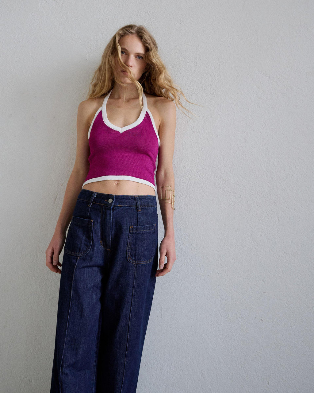 Top Punto Halter Contraste Fucsia