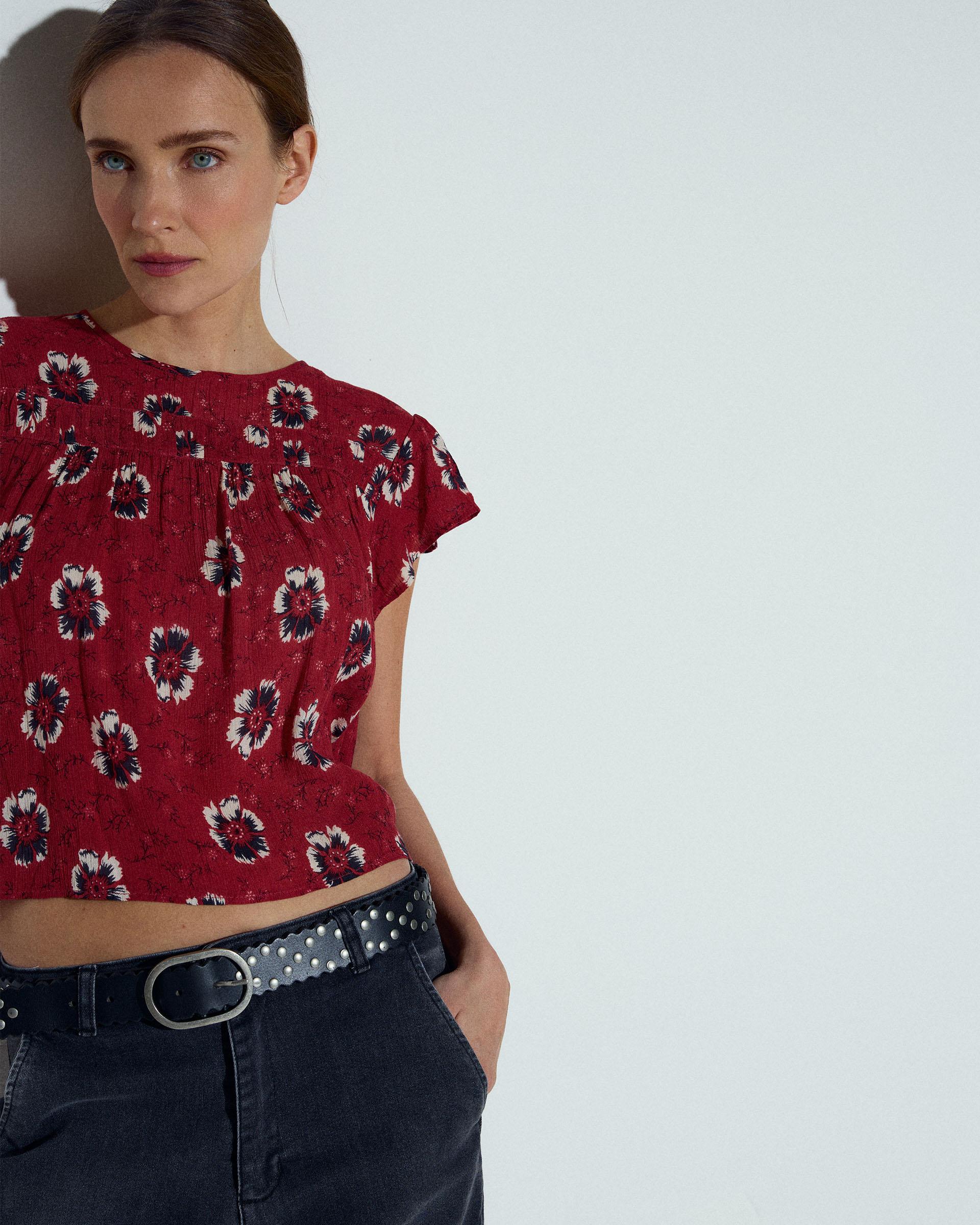 Blusa Manga Corta Pliegues Estampado Floral Coral