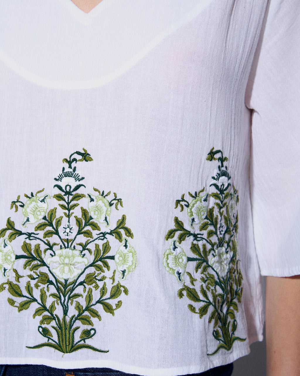Blusa Canesú Pico Bordados Florales Blanca