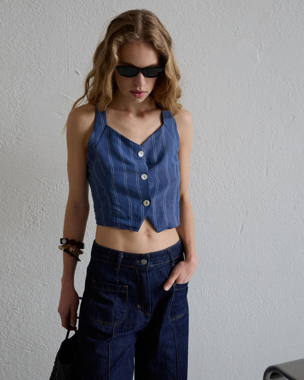 Top Botones Rayas Azul