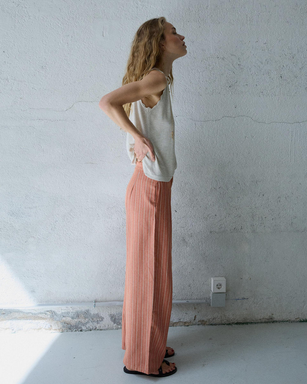 Pantalón Wide Leg Pinzas Rayas Naranja