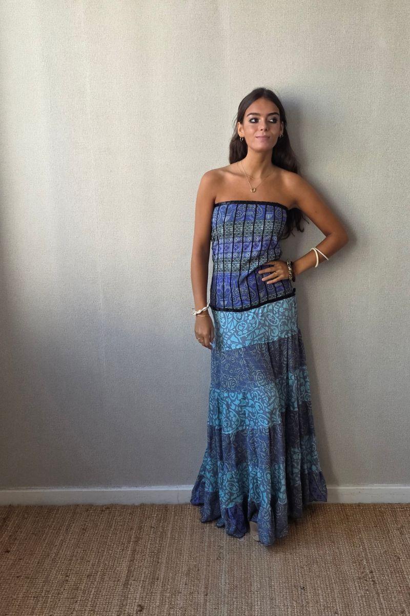 Vestido palabra de honor con telas Indias turquesa