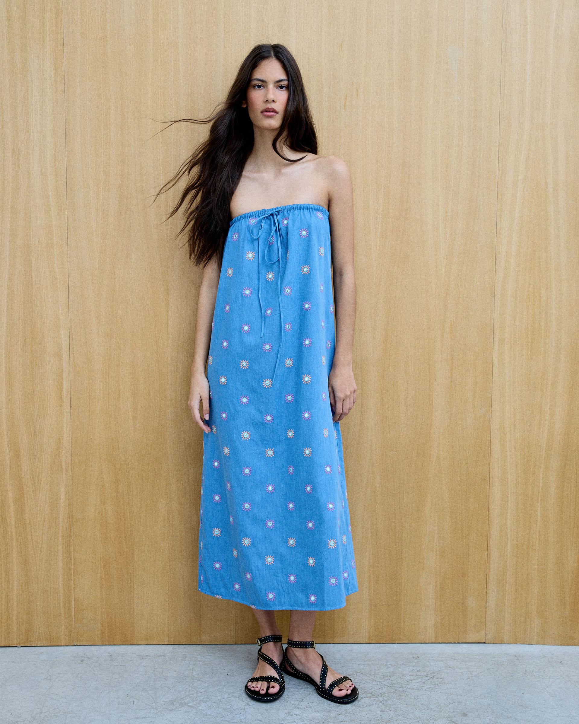 Vestido Bordados Soles Espejos Azul Jeans