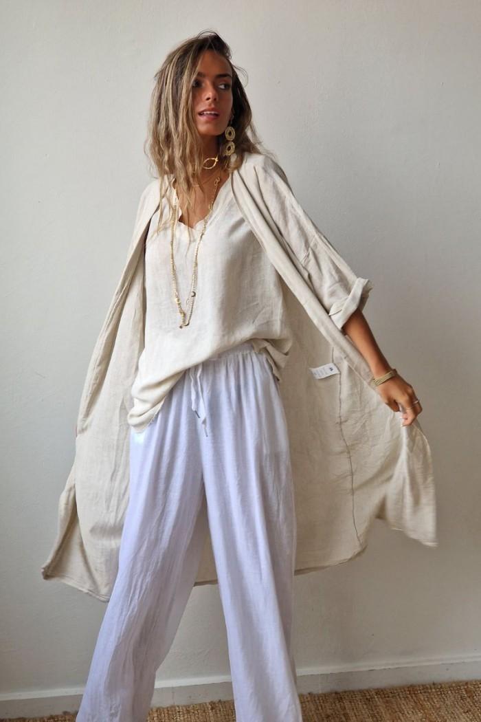 Kimono azul tipo lino con manga tres cuartos
