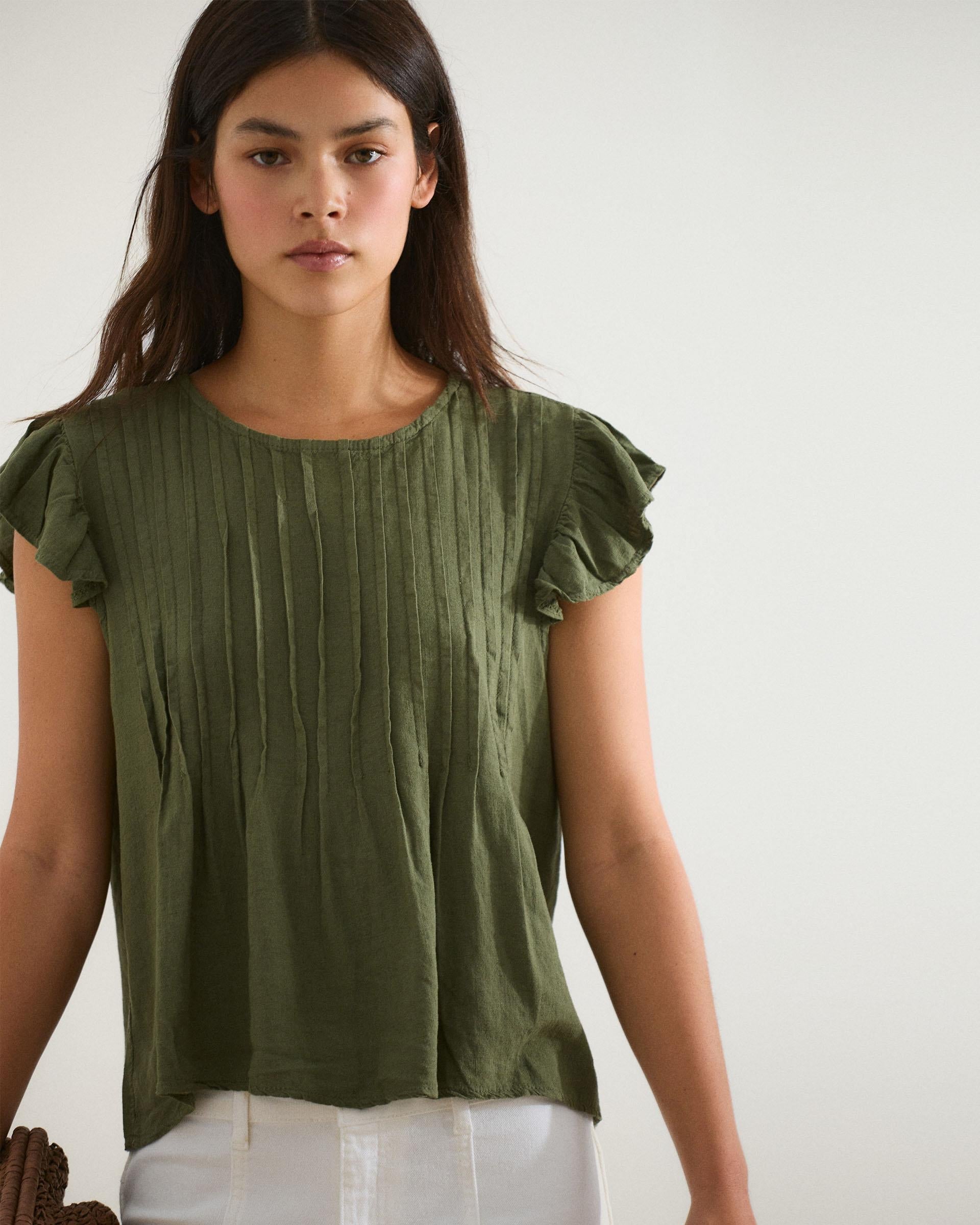 Blusa Jaretas Con Lino Verde Oscuro