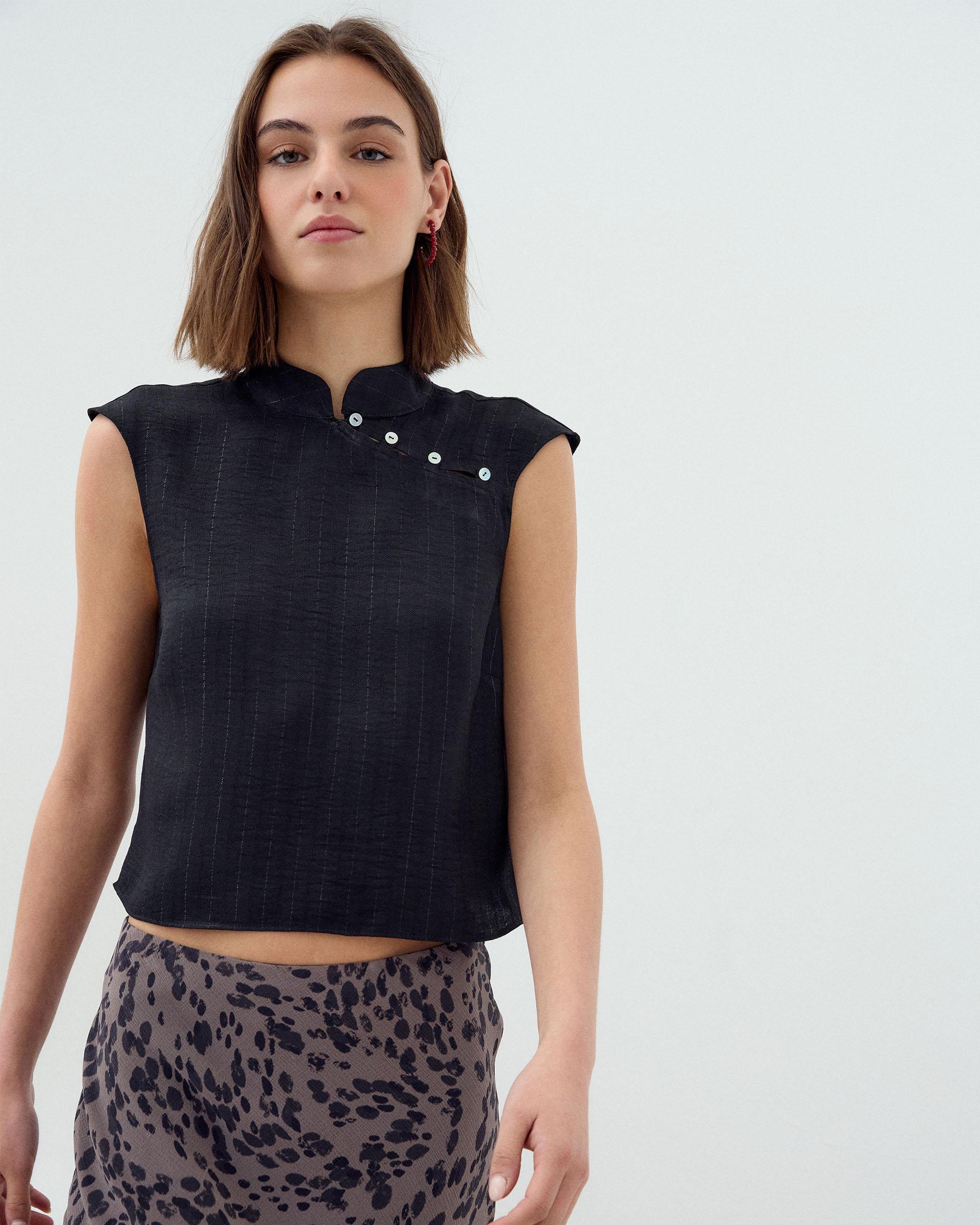 Blusa Sin Mangas Botones Laterales Rayas Lurex Negro