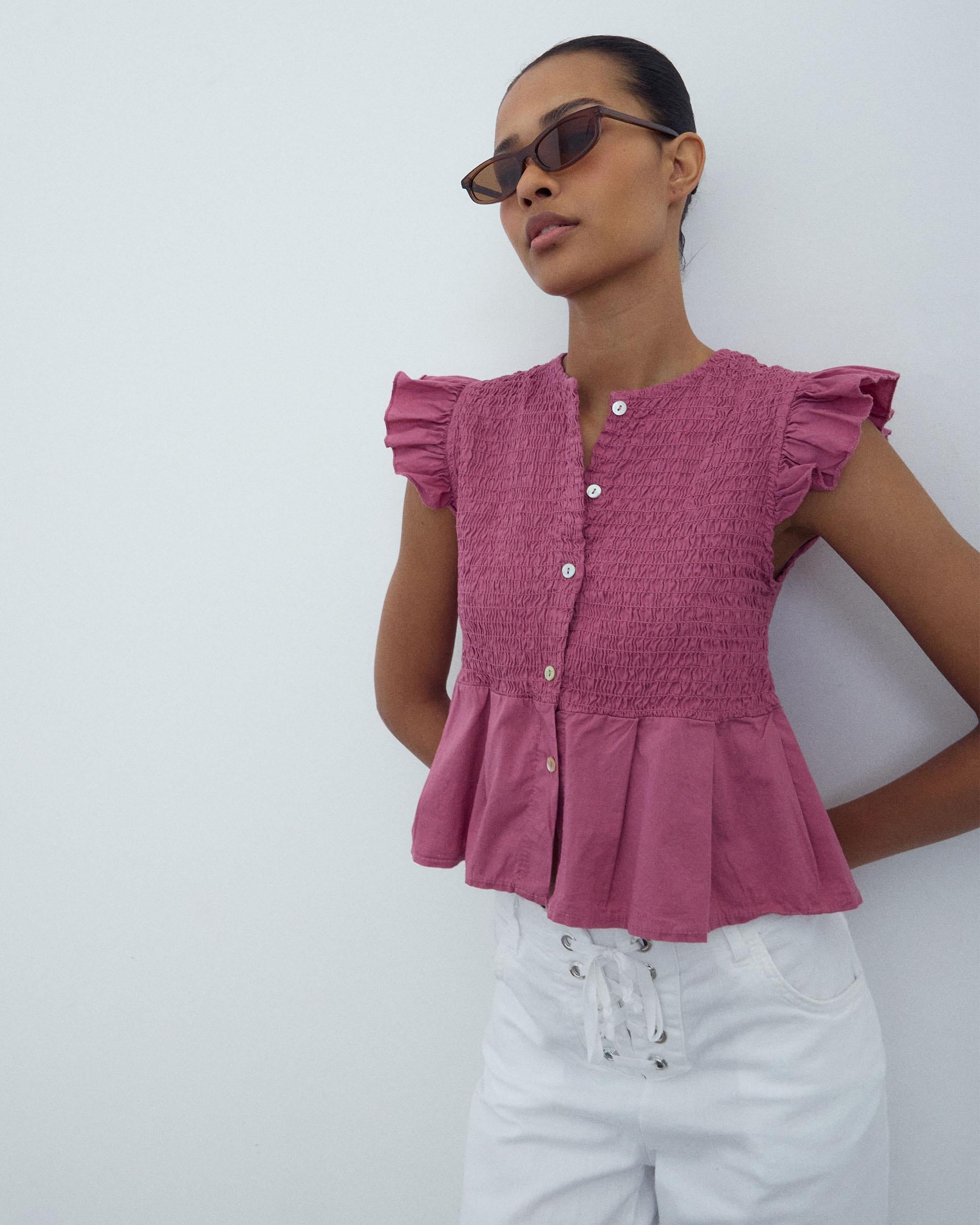 Blusa Nido De Abeja Botones Delantero Rosa