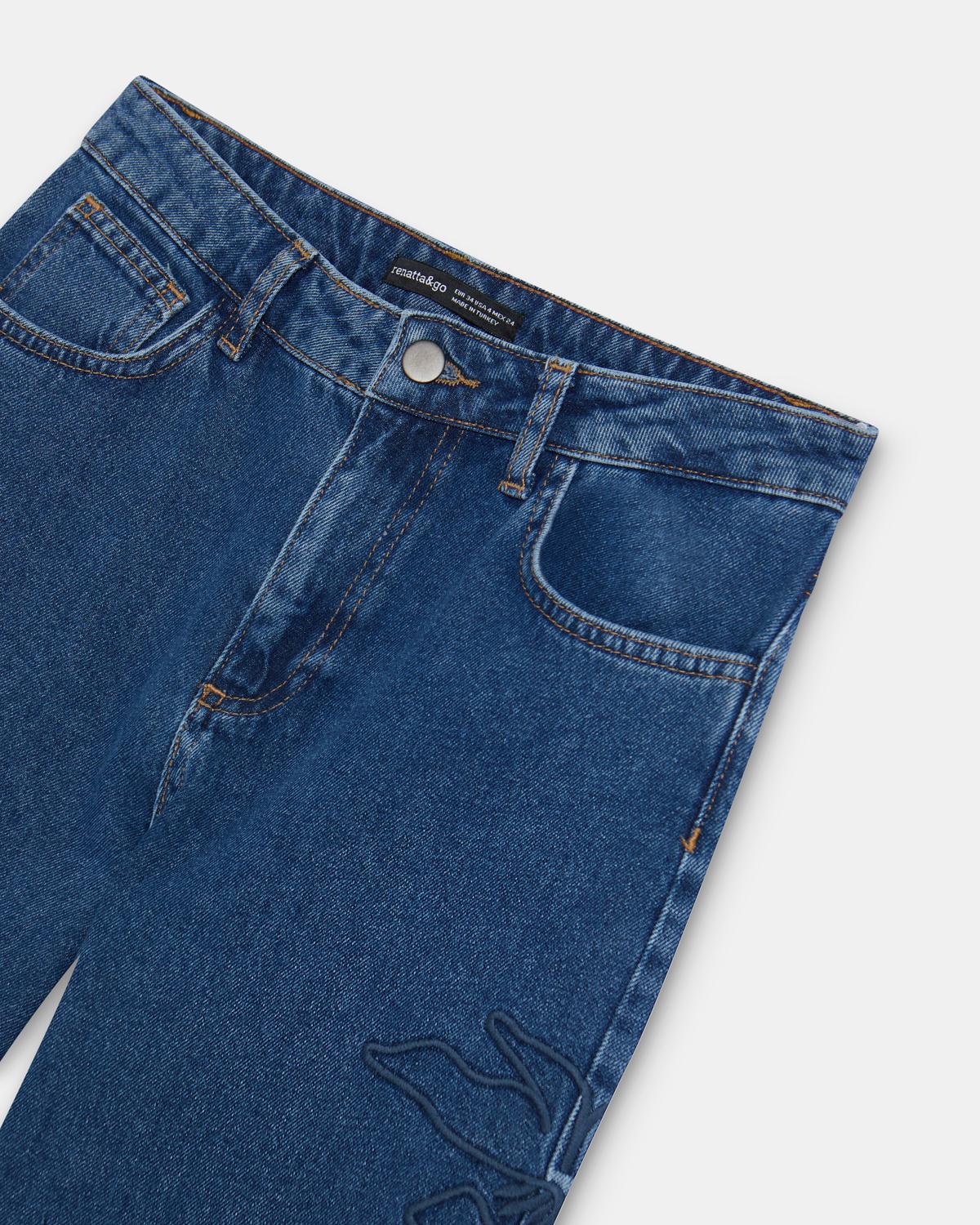 Jeans Bordados Silueta Flor Azul