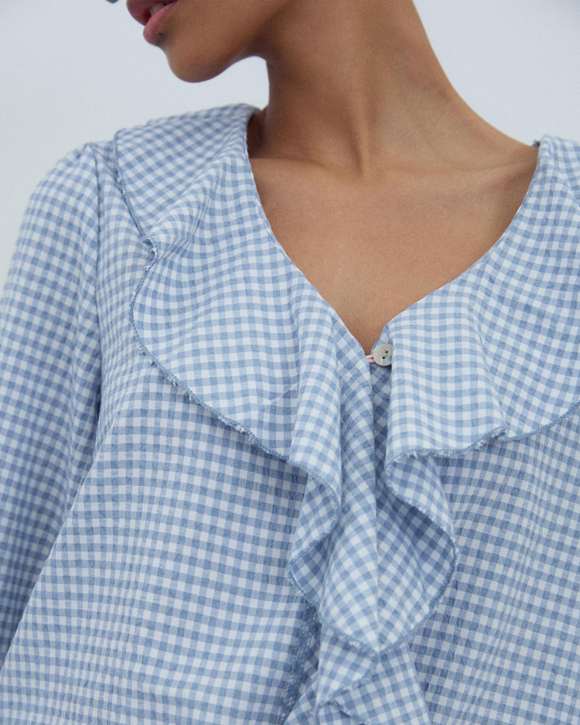 Blusa Volantes Delanteros Vichy Azul