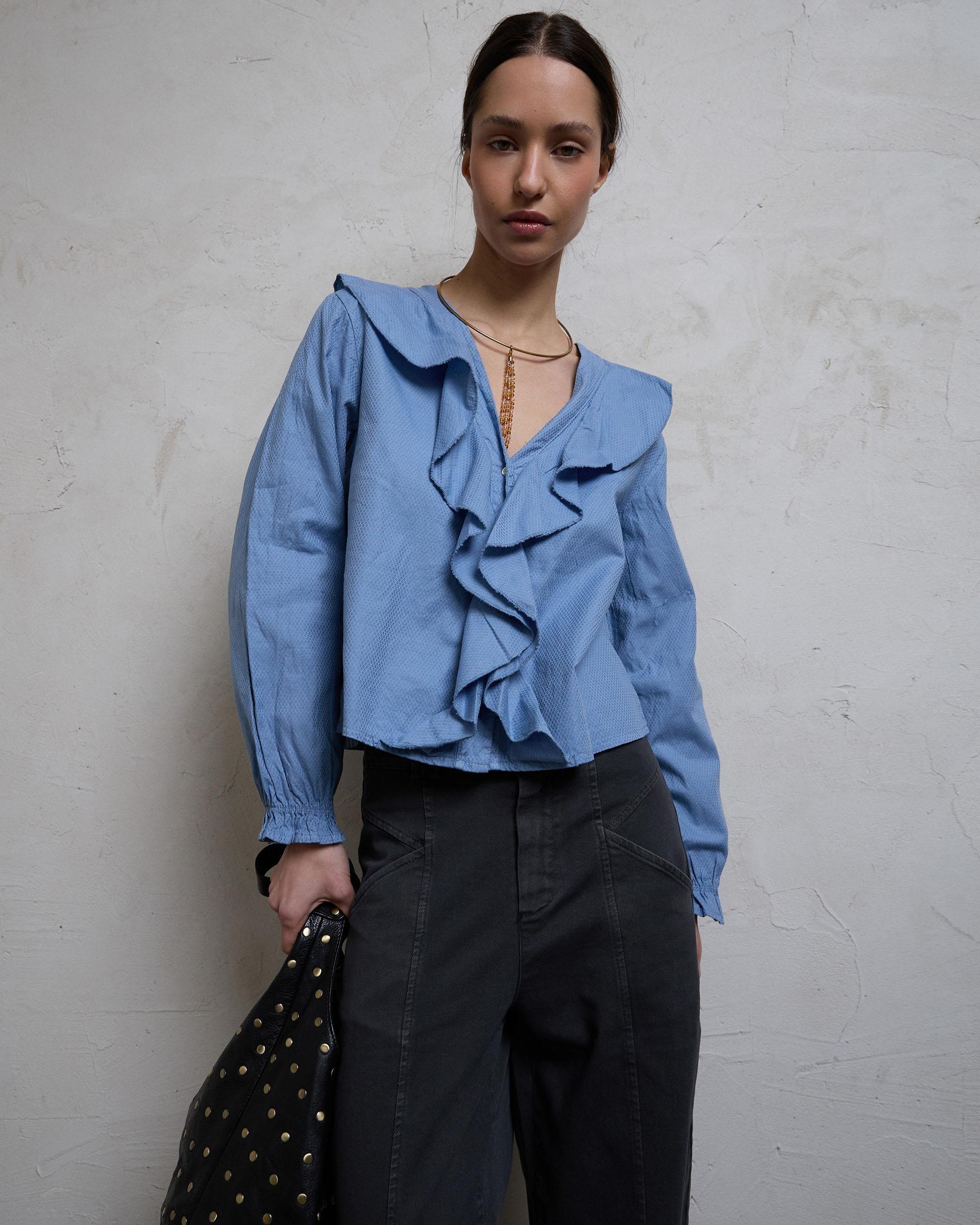 Blusa Cuello V Volantes Azul