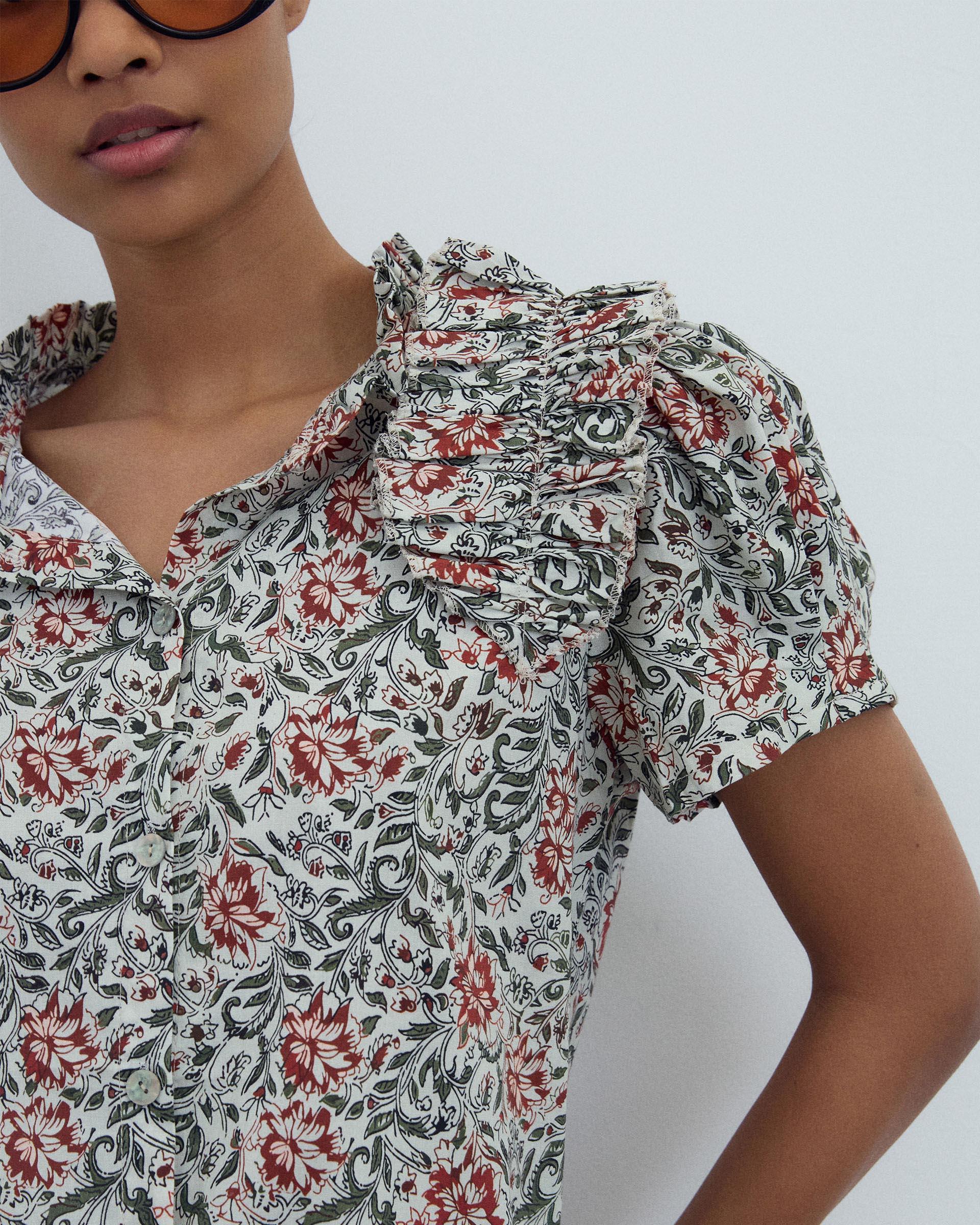 Blusa Manga Abullonada Volante Estampada Multicolor