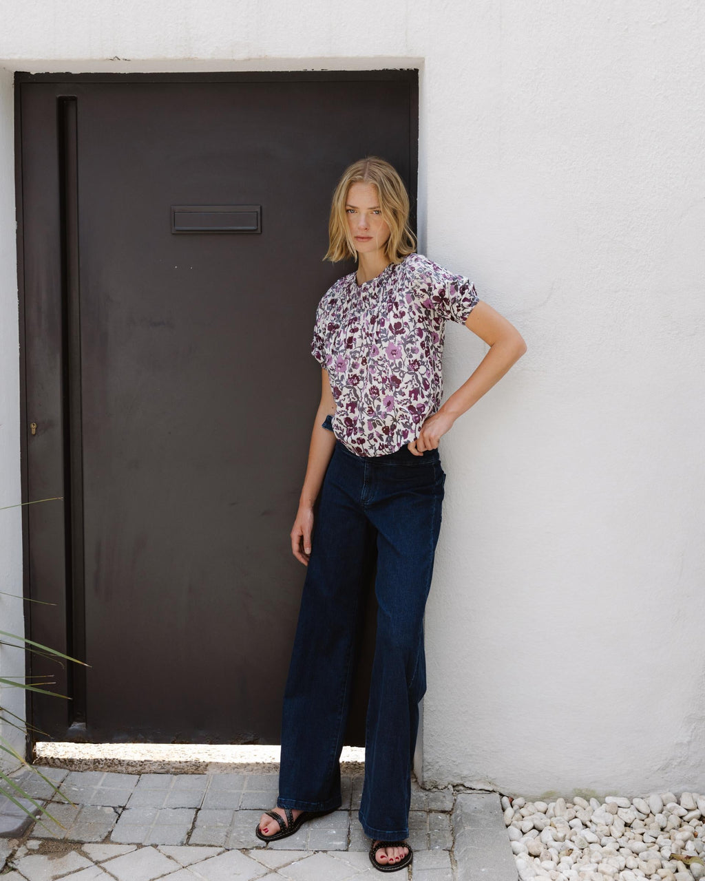 Blusa Detalles Canesú Estampada Morado