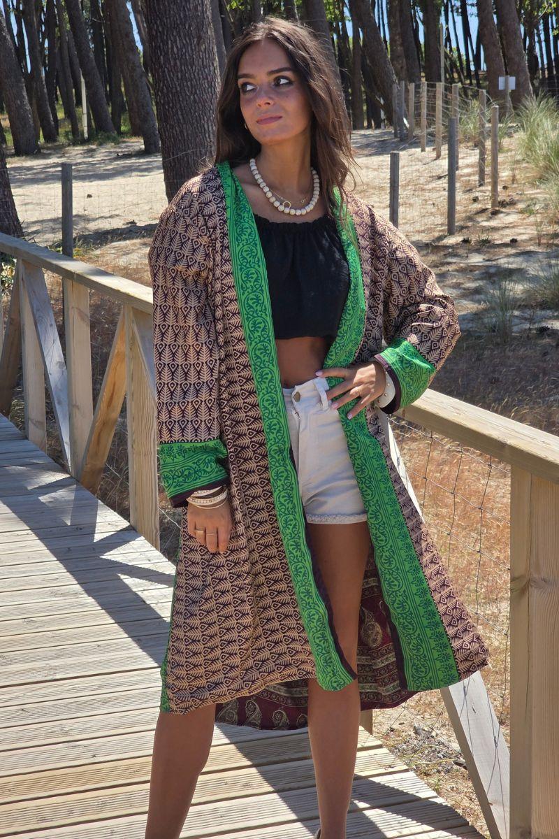 Kimono largo reversible indio estampado vino