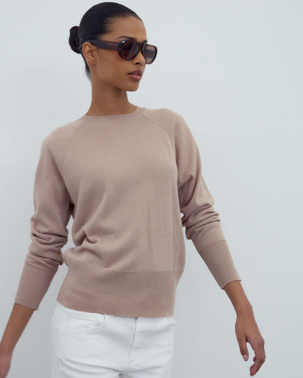 Jersey Cuello Redondo Punto Fino Beige