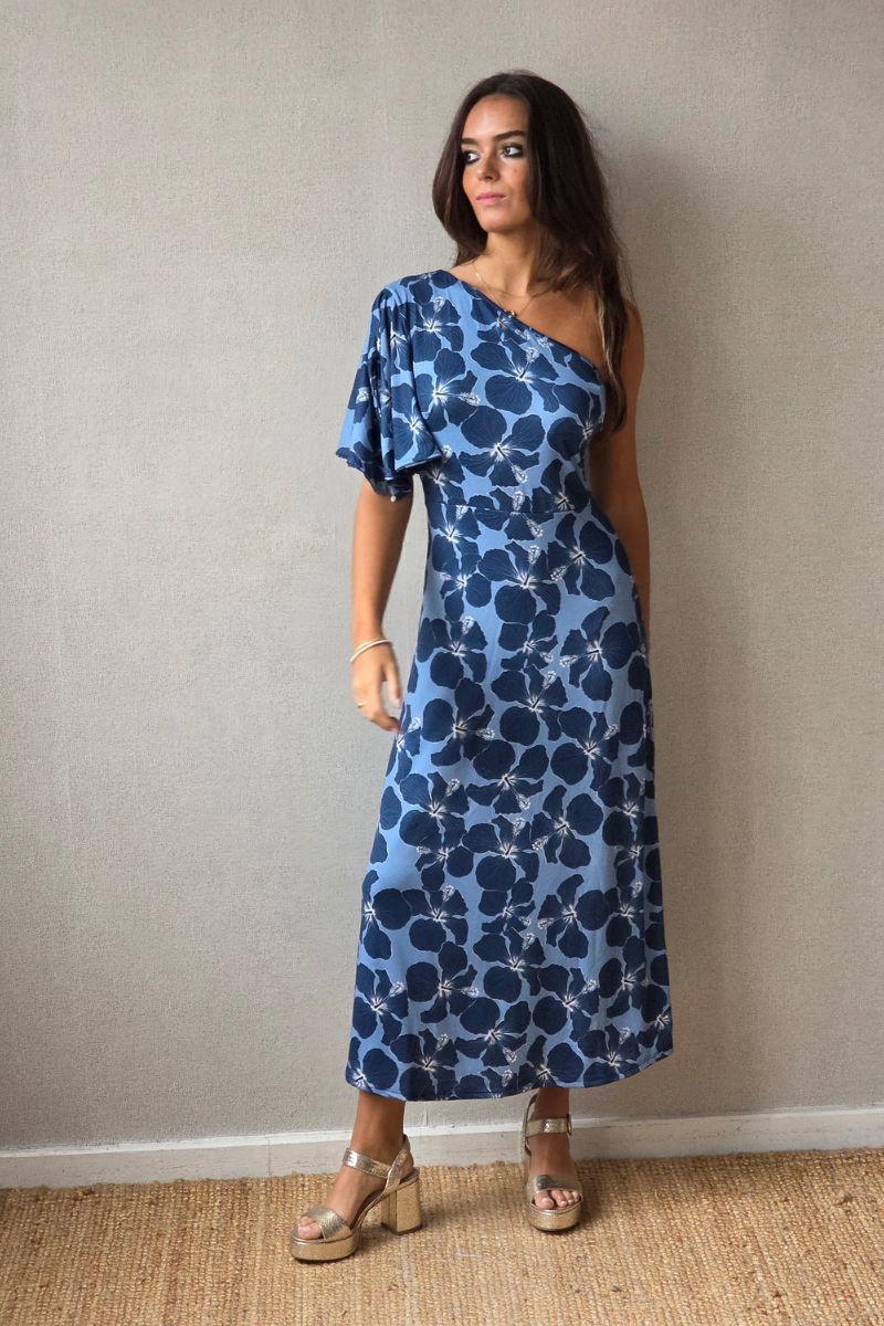 Vestido de flores grandes azul jean