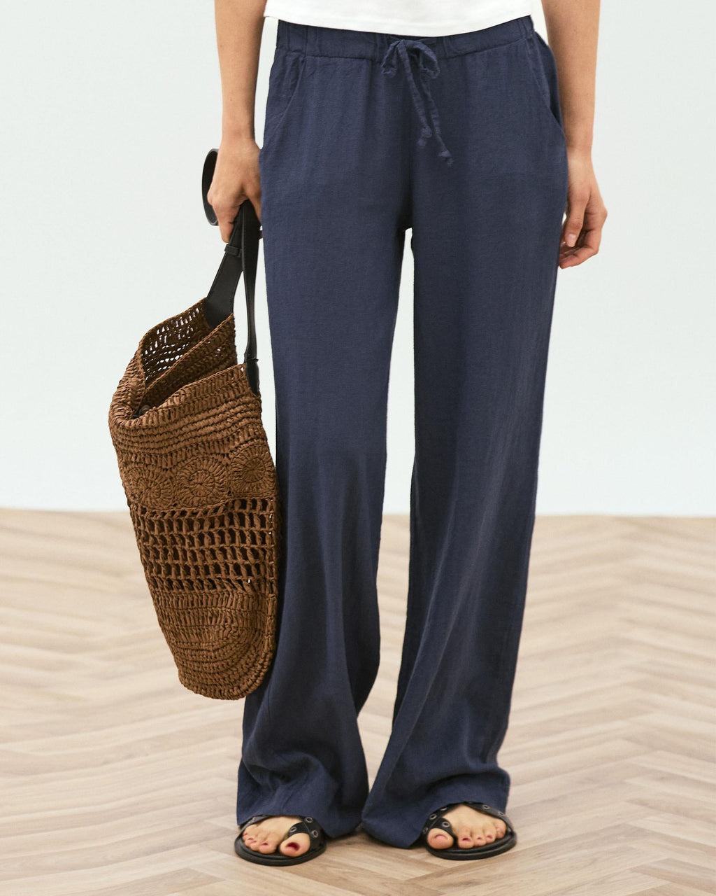 Pantalón Fluido Cordon Con Lino Azul Marino
