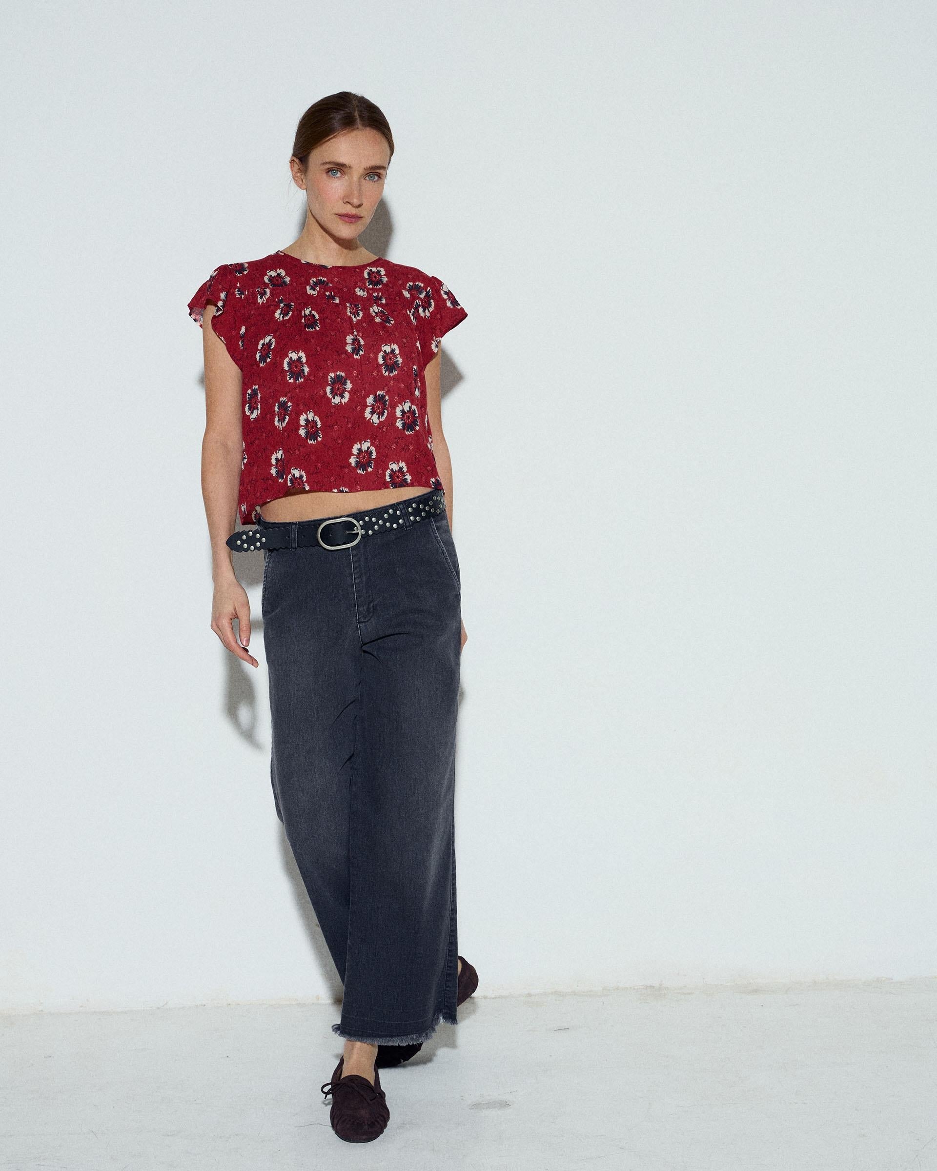Blusa Manga Corta Pliegues Estampado Floral Coral